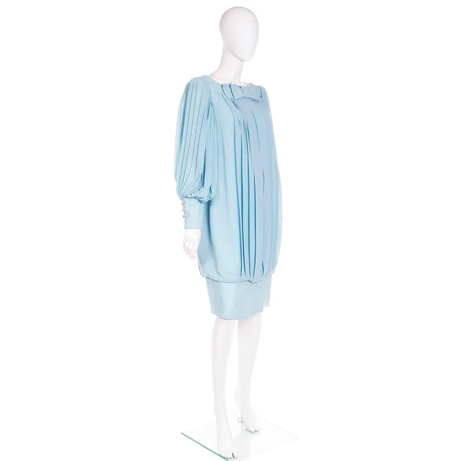1960s Blue Silk Chiffon Pleated Draped Dress With Banded Hemline