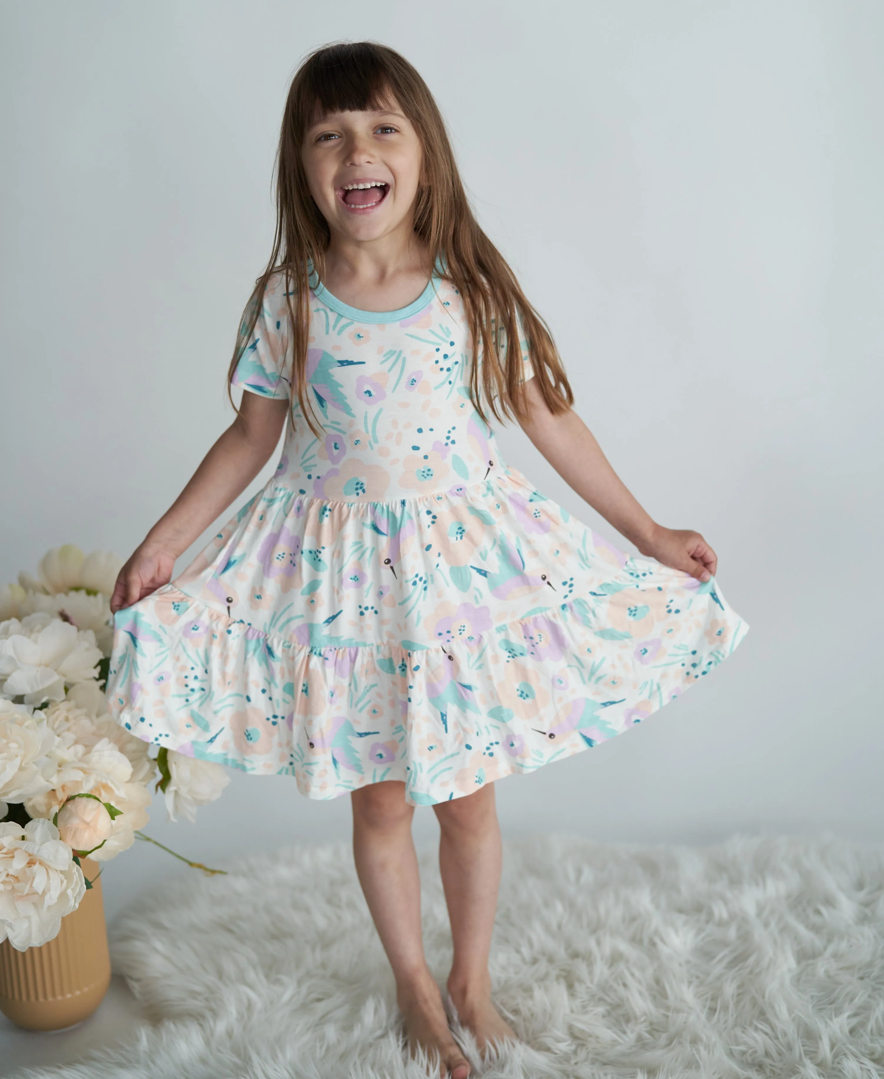 Bamboo Tiered Jersey Dress with Bloomer (Hummingbird Garden Print)