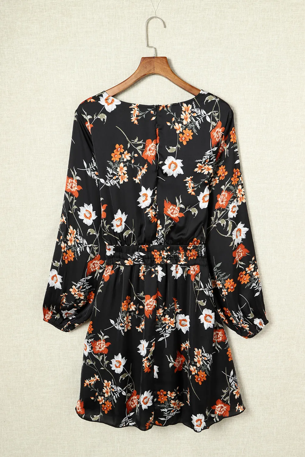 Black Plus Size Drawstring Long Sleeve Floral Dress