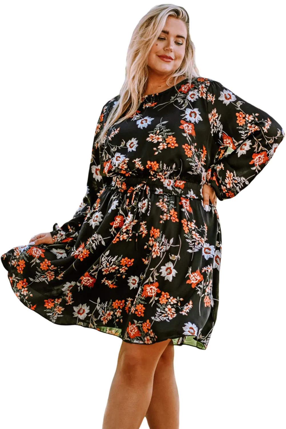 Black Plus Size Drawstring Long Sleeve Floral Dress