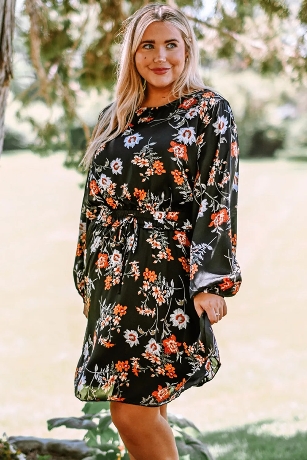 Black Plus Size Drawstring Long Sleeve Floral Dress