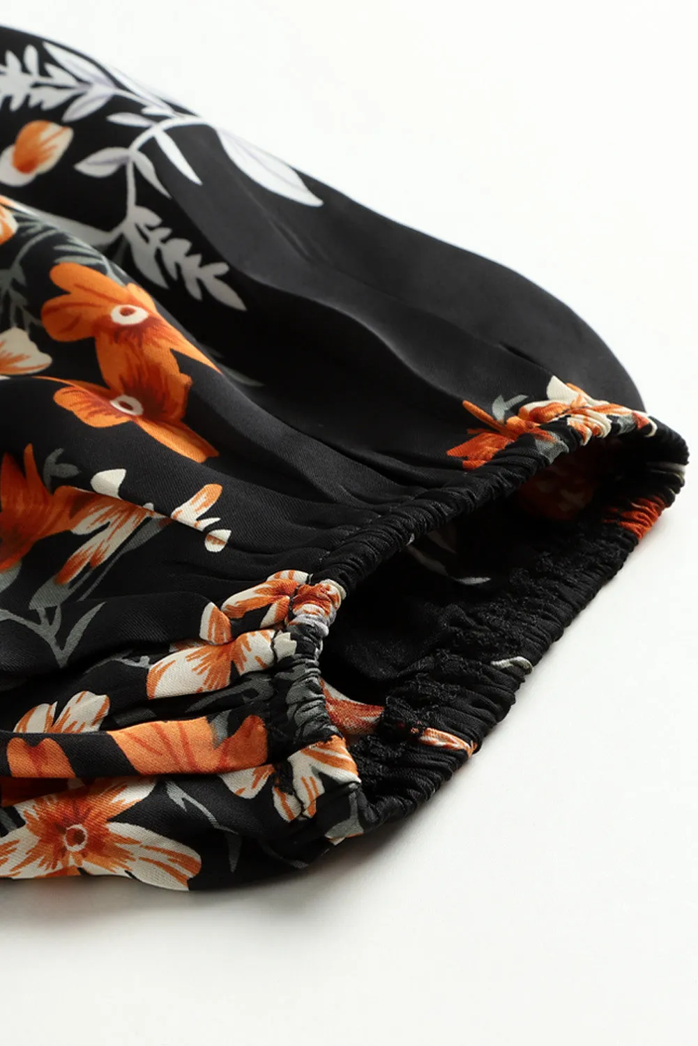 Black Plus Size Drawstring Long Sleeve Floral Dress