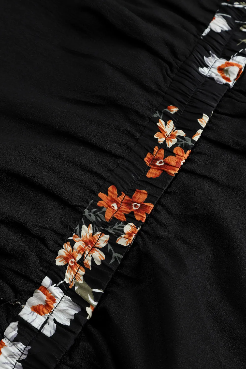 Black Plus Size Drawstring Long Sleeve Floral Dress