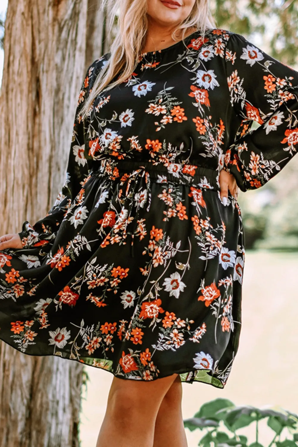 Black Plus Size Drawstring Long Sleeve Floral Dress