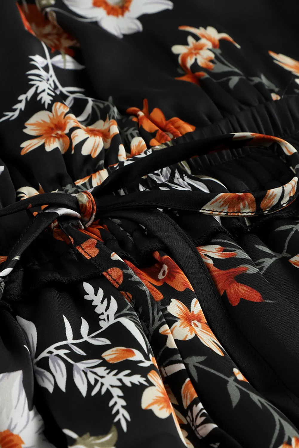 Black Plus Size Drawstring Long Sleeve Floral Dress