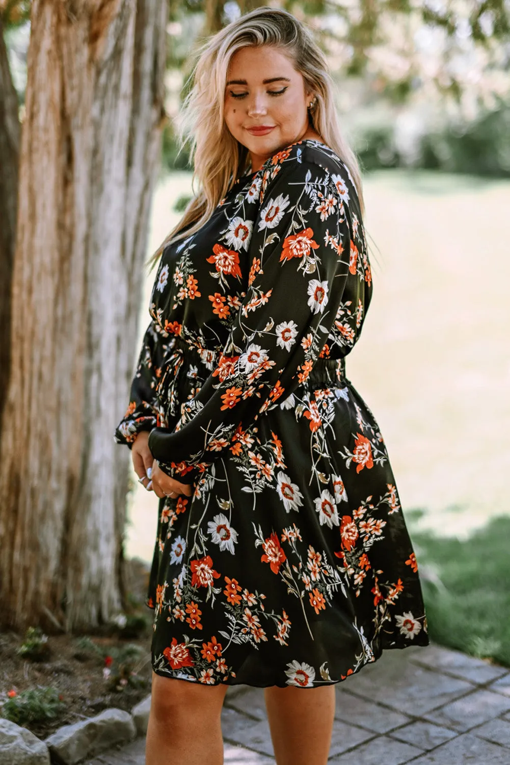 Black Plus Size Drawstring Long Sleeve Floral Dress