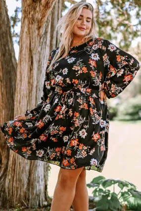 Black Plus Size Drawstring Long Sleeve Floral Dress