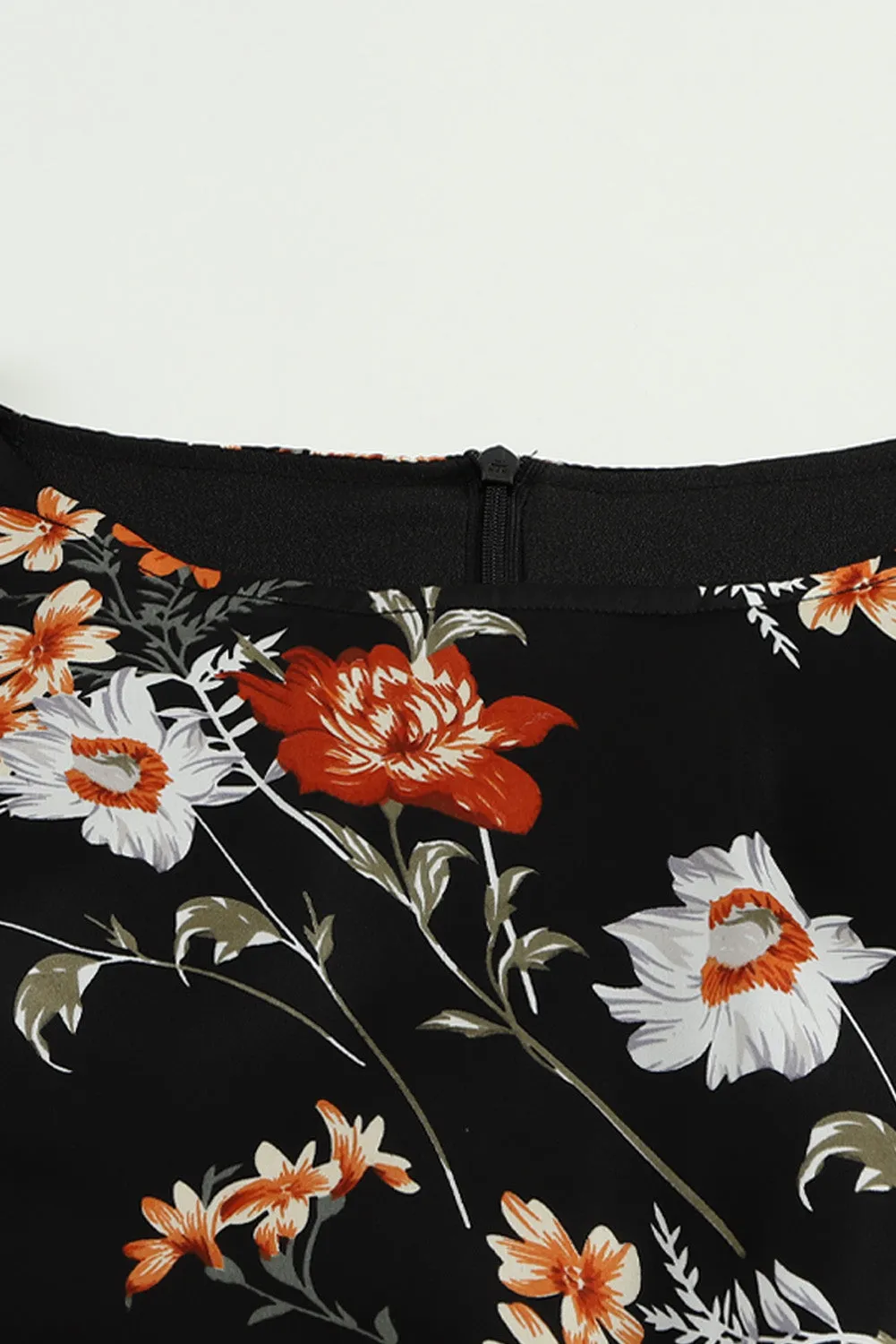 Black Plus Size Drawstring Long Sleeve Floral Dress