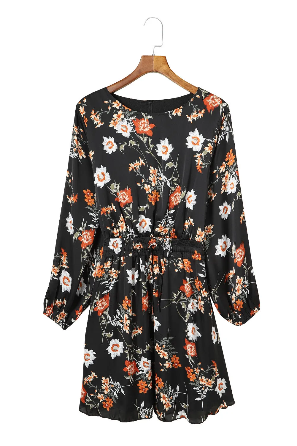 Black Plus Size Drawstring Long Sleeve Floral Dress
