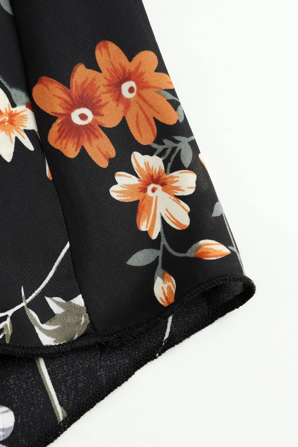 Black Plus Size Drawstring Long Sleeve Floral Dress