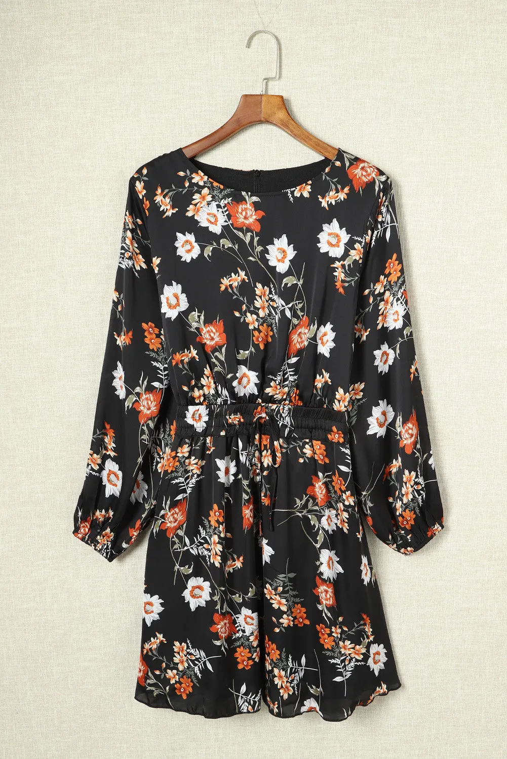 Black Plus Size Drawstring Long Sleeve Floral Dress