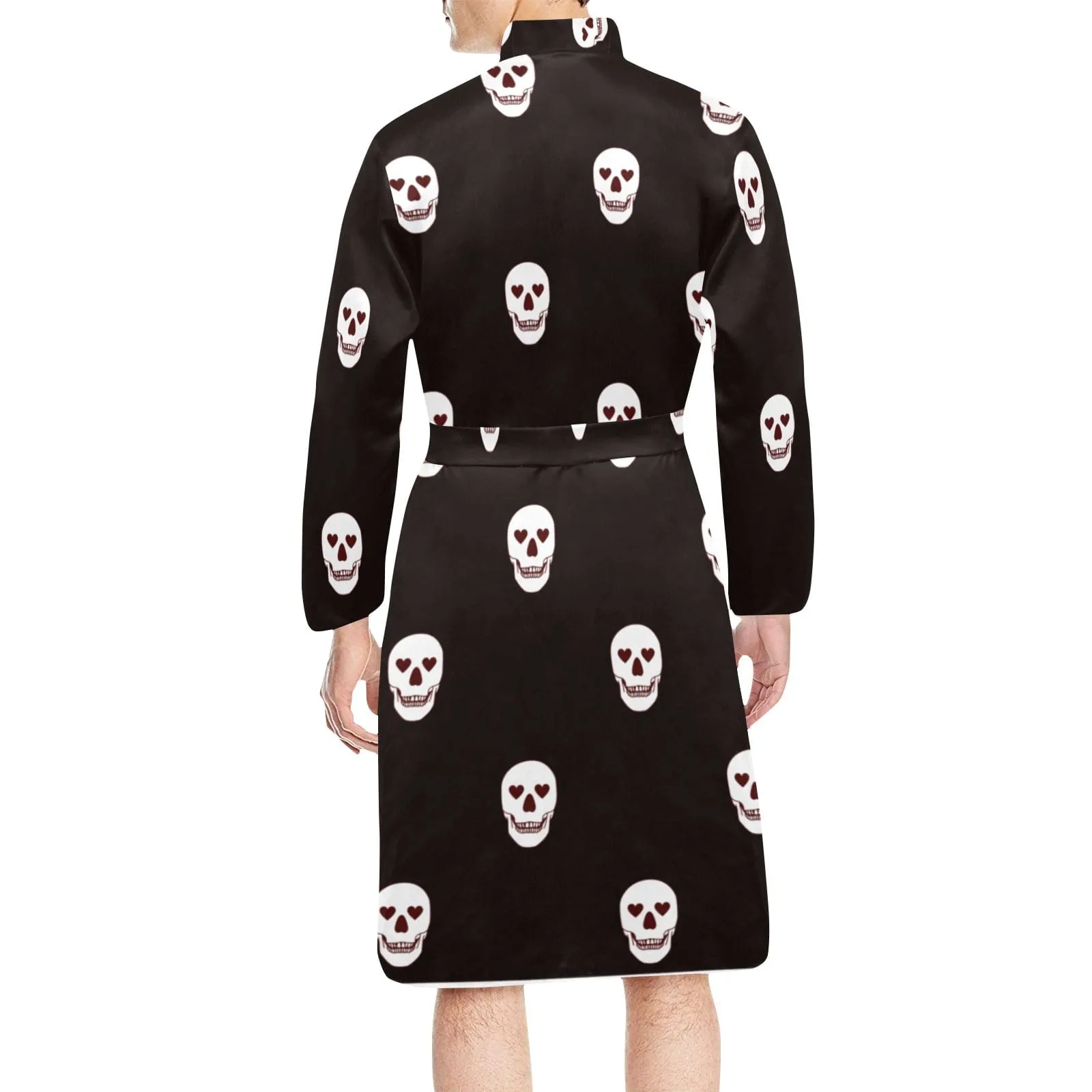 Black Skulls With Heart Eyes Men's Long Sleeve Belted Robe