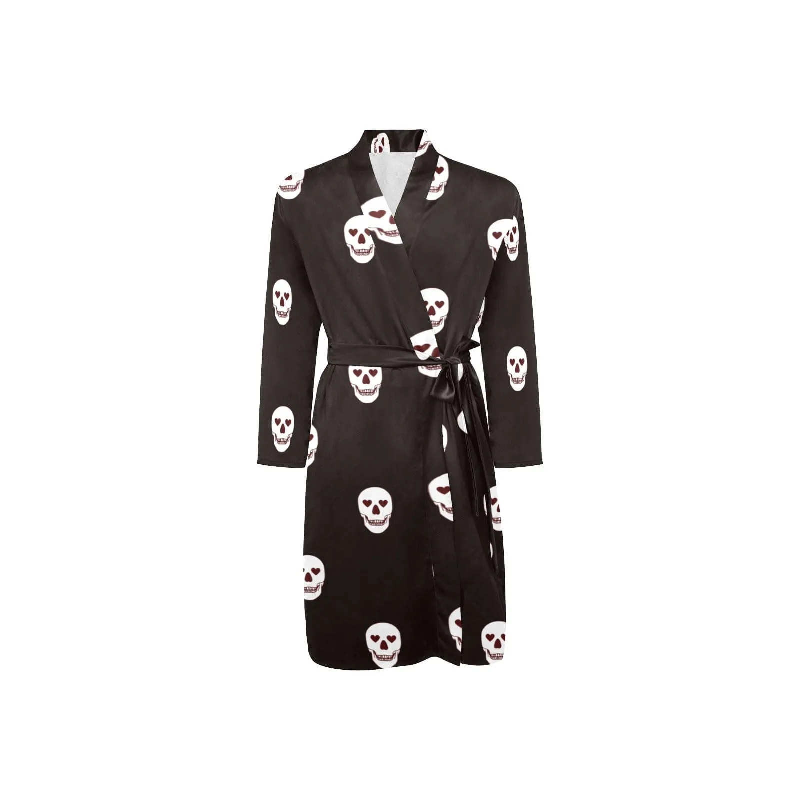 Black Skulls With Heart Eyes Men's Long Sleeve Belted Robe