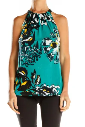Blue Floral Print Retro Halter Top