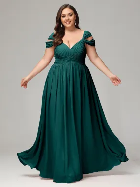 Bridesmaids Dresses In Peacock Blue Cap Sleeves Chiffon With Split Plus Sized Bridesmaid