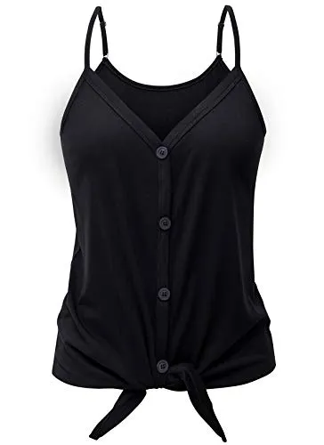 Button Down Tank Tops for Women Casual Summer Tops Sleeveless Basic Shirts Tie Front Strappy Blouses Black
