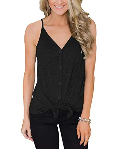 Button Down Tank Tops for Women Casual Summer Tops Sleeveless Basic Shirts Tie Front Strappy Blouses Black
