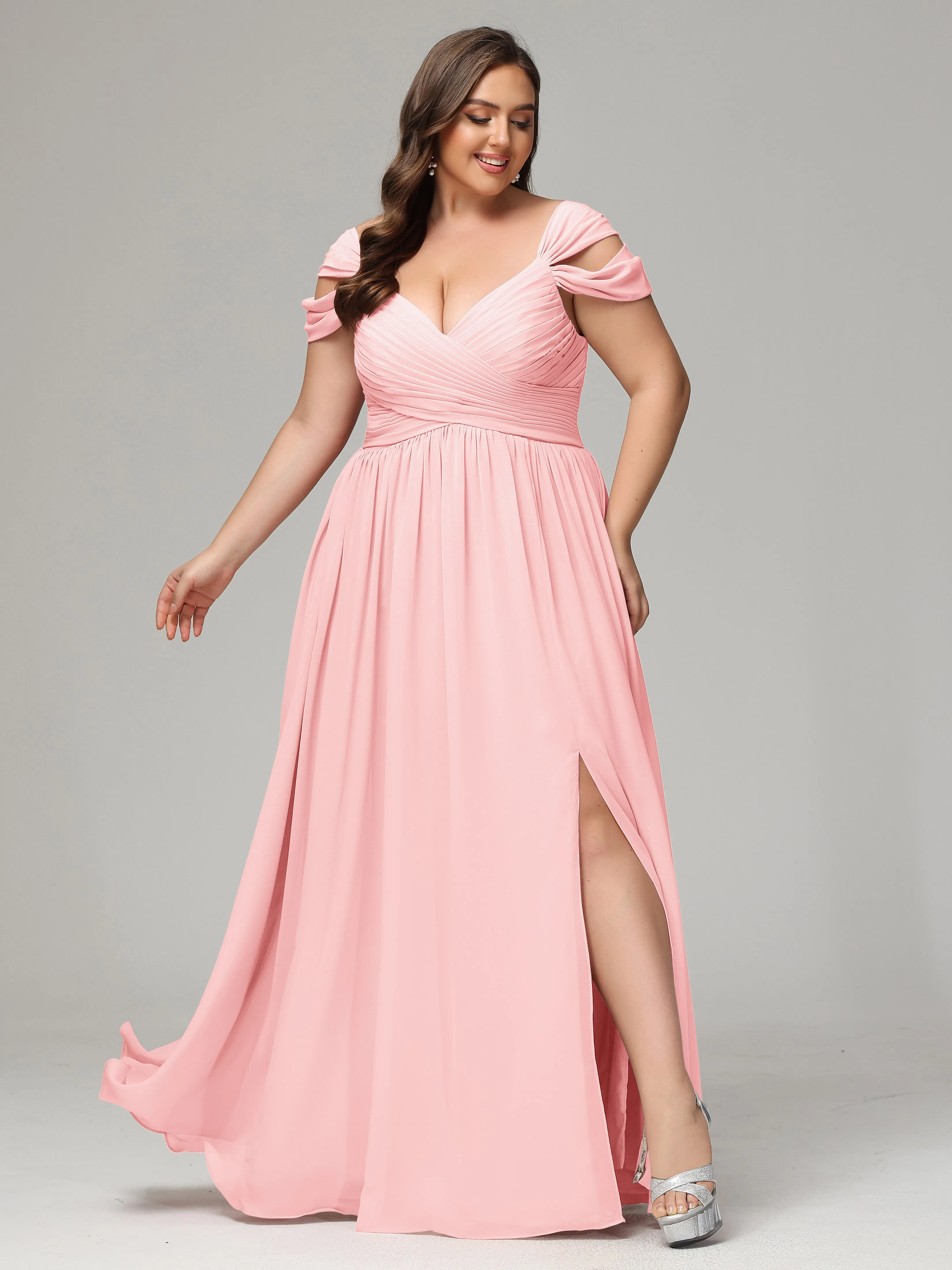 Cap Sleeves Chiffon Plus Size Bridesmaid Dresses With Split