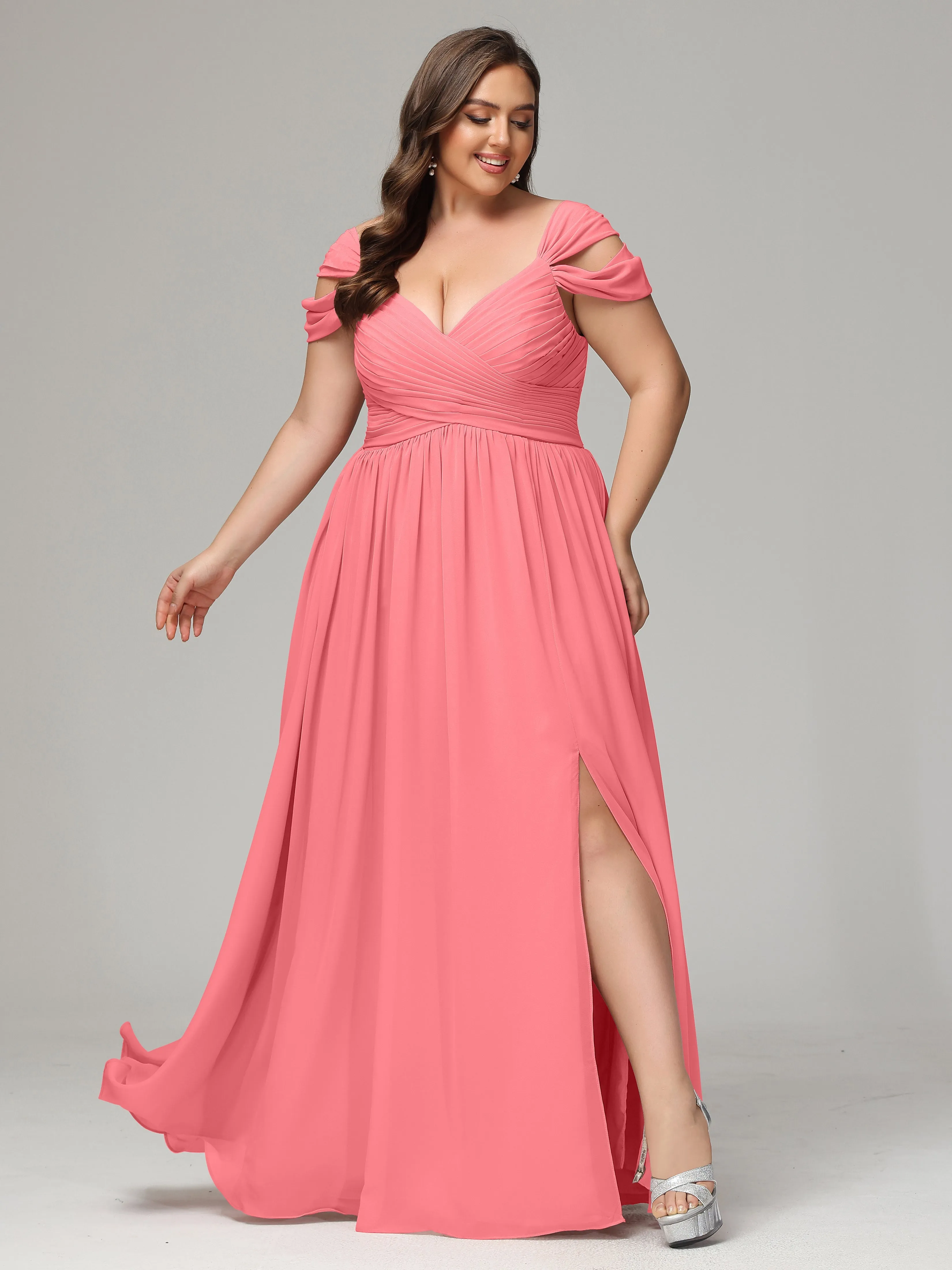 Cap Sleeves Chiffon Plus Size Bridesmaid Dresses With Split