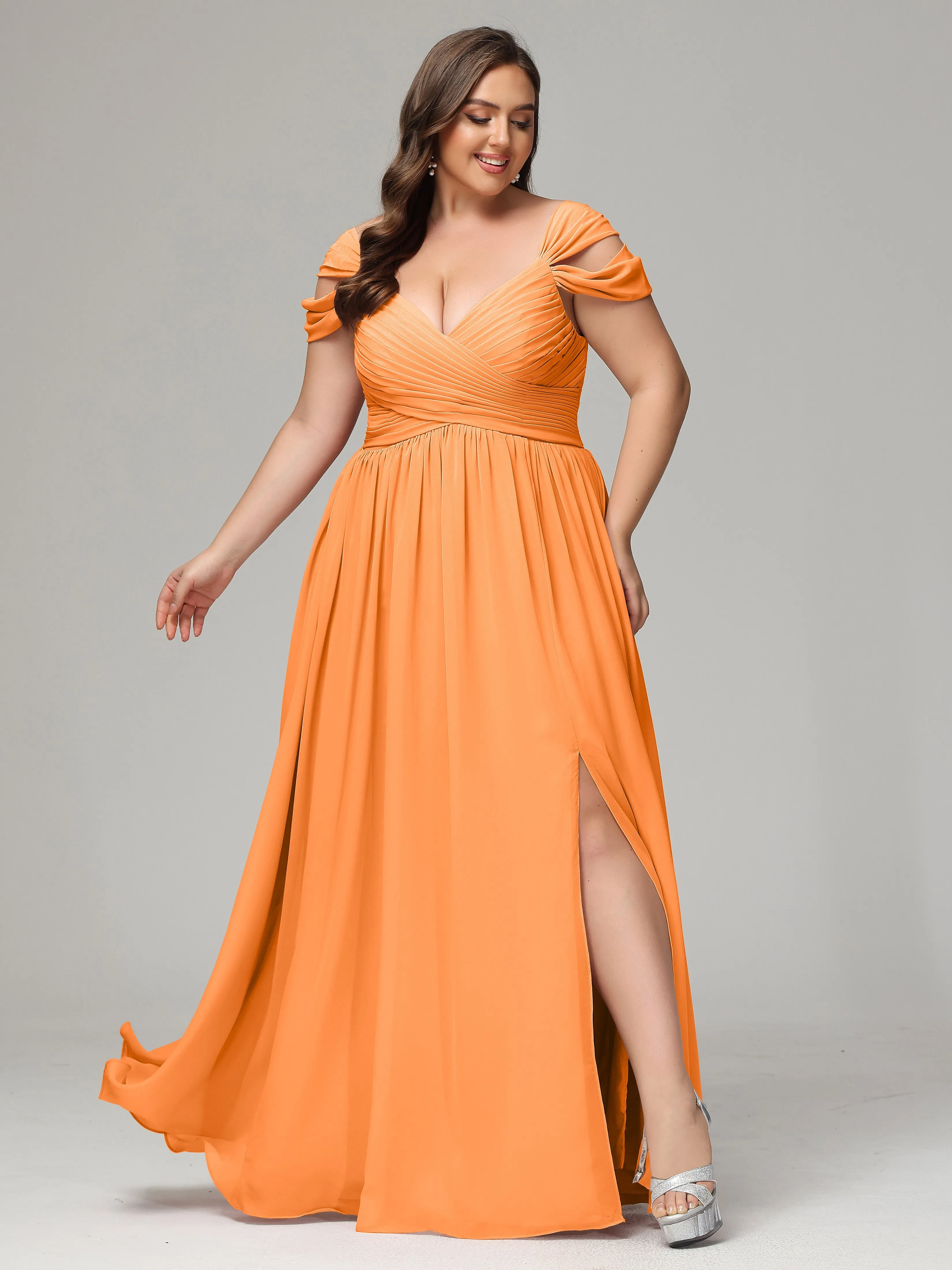 Cap Sleeves Chiffon Plus Size Bridesmaid Dresses With Split