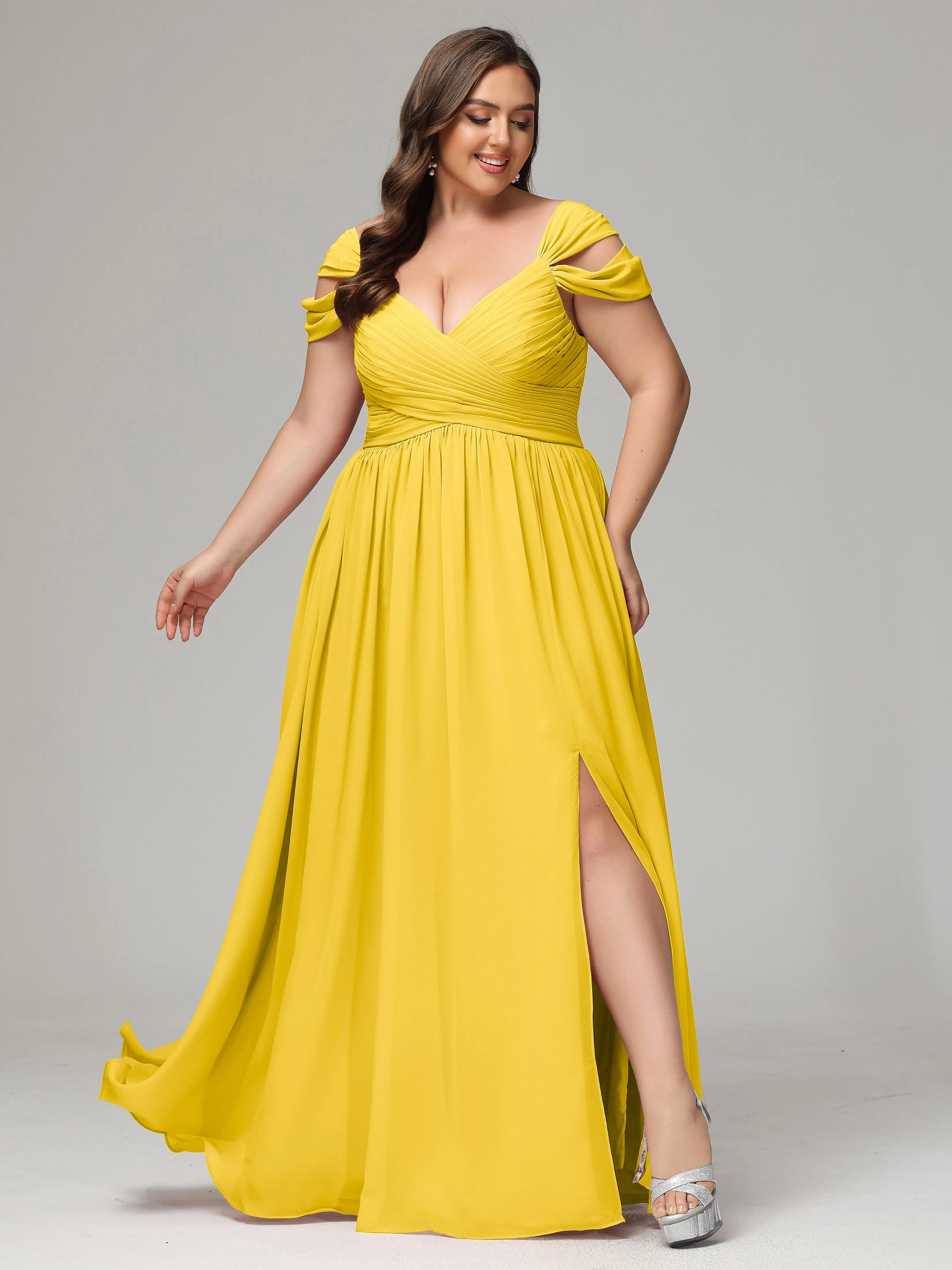 Cap Sleeves Chiffon Plus Size Bridesmaid Dresses With Split