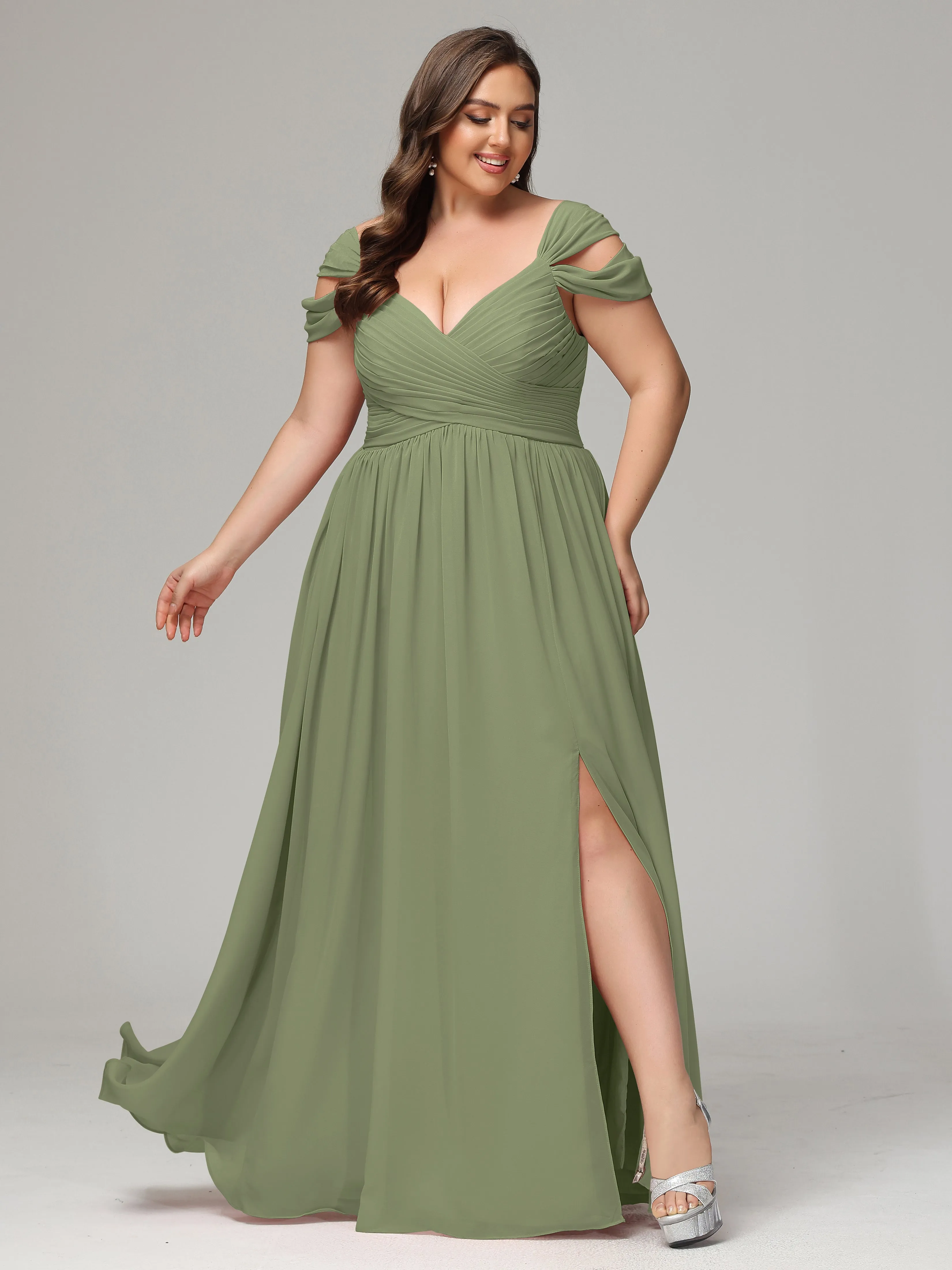 Cap Sleeves Chiffon Plus Size Bridesmaid Dresses With Split