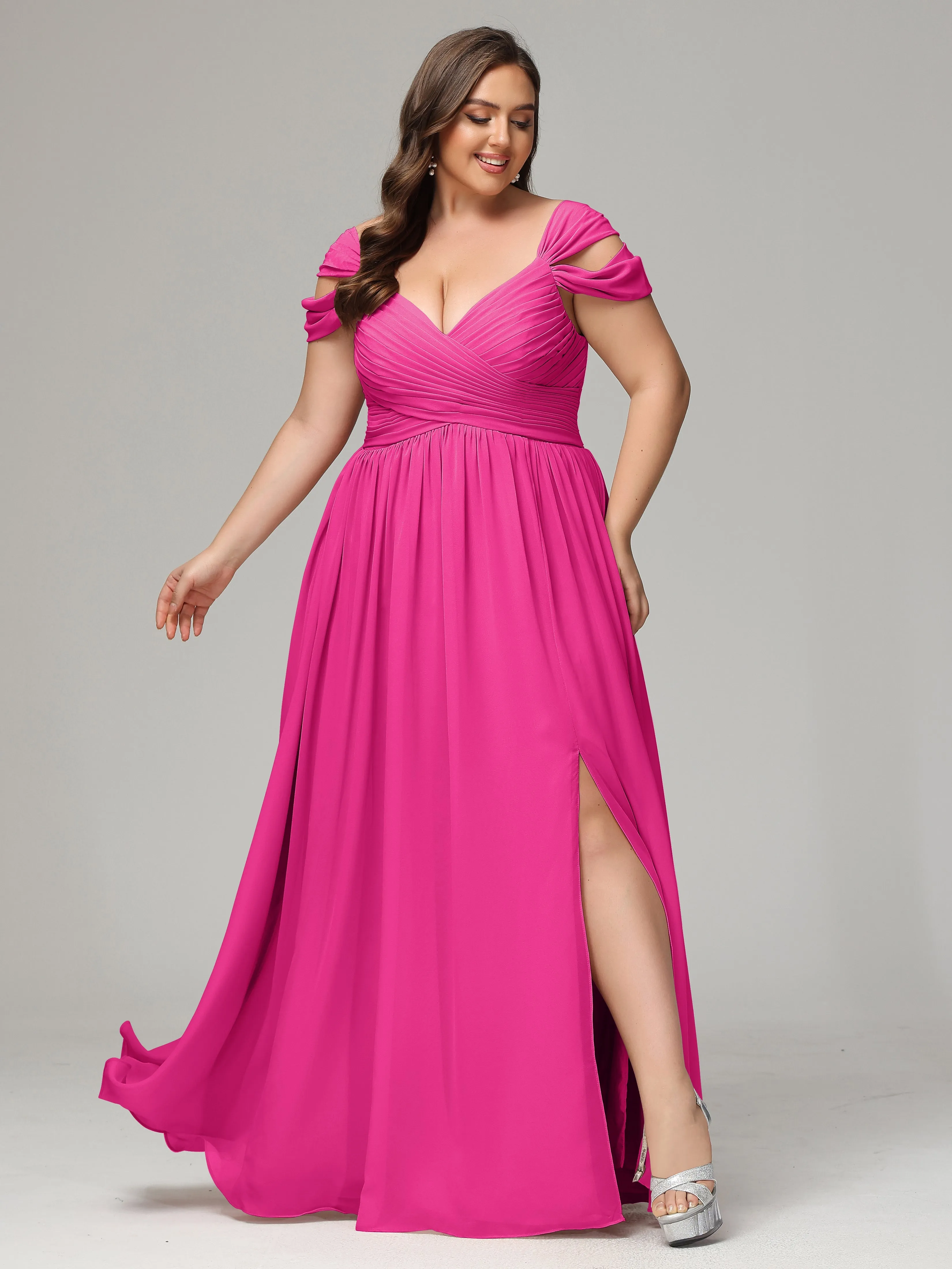 Cap Sleeves Chiffon Plus Size Bridesmaid Dresses With Split