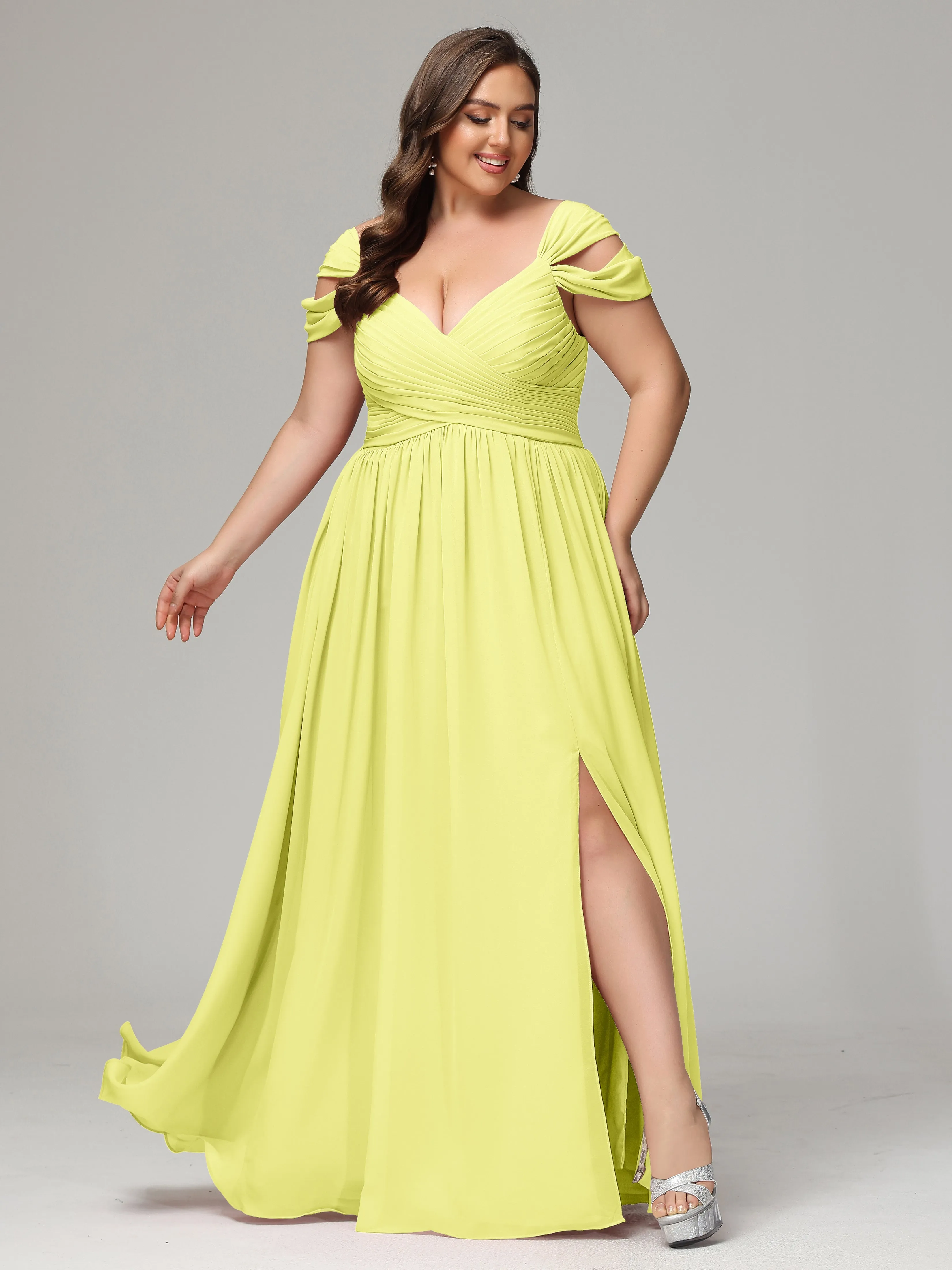 Cap Sleeves Chiffon Plus Size Bridesmaid Dresses With Split