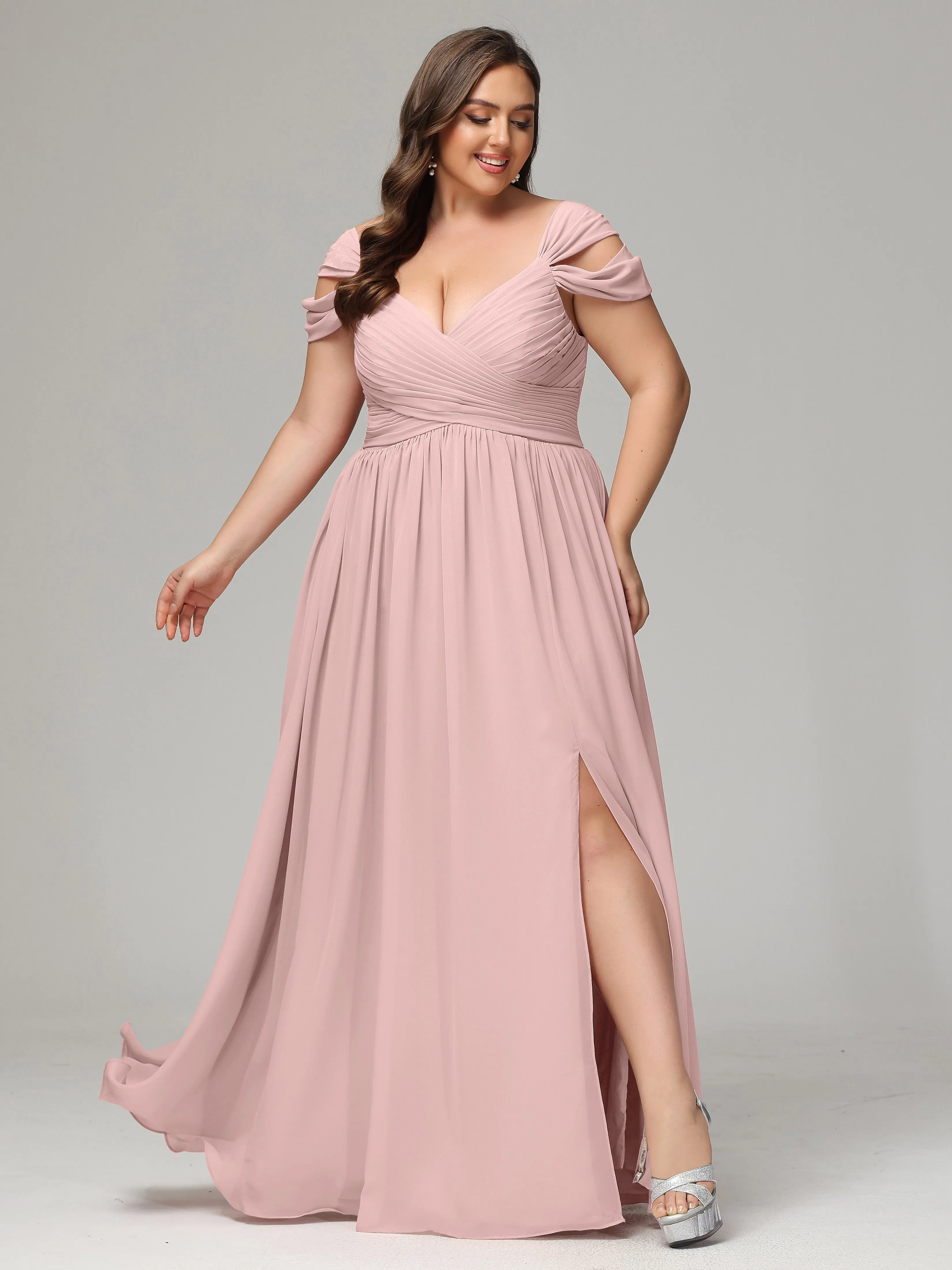 Cap Sleeves Chiffon Plus Size Bridesmaid Dresses With Split