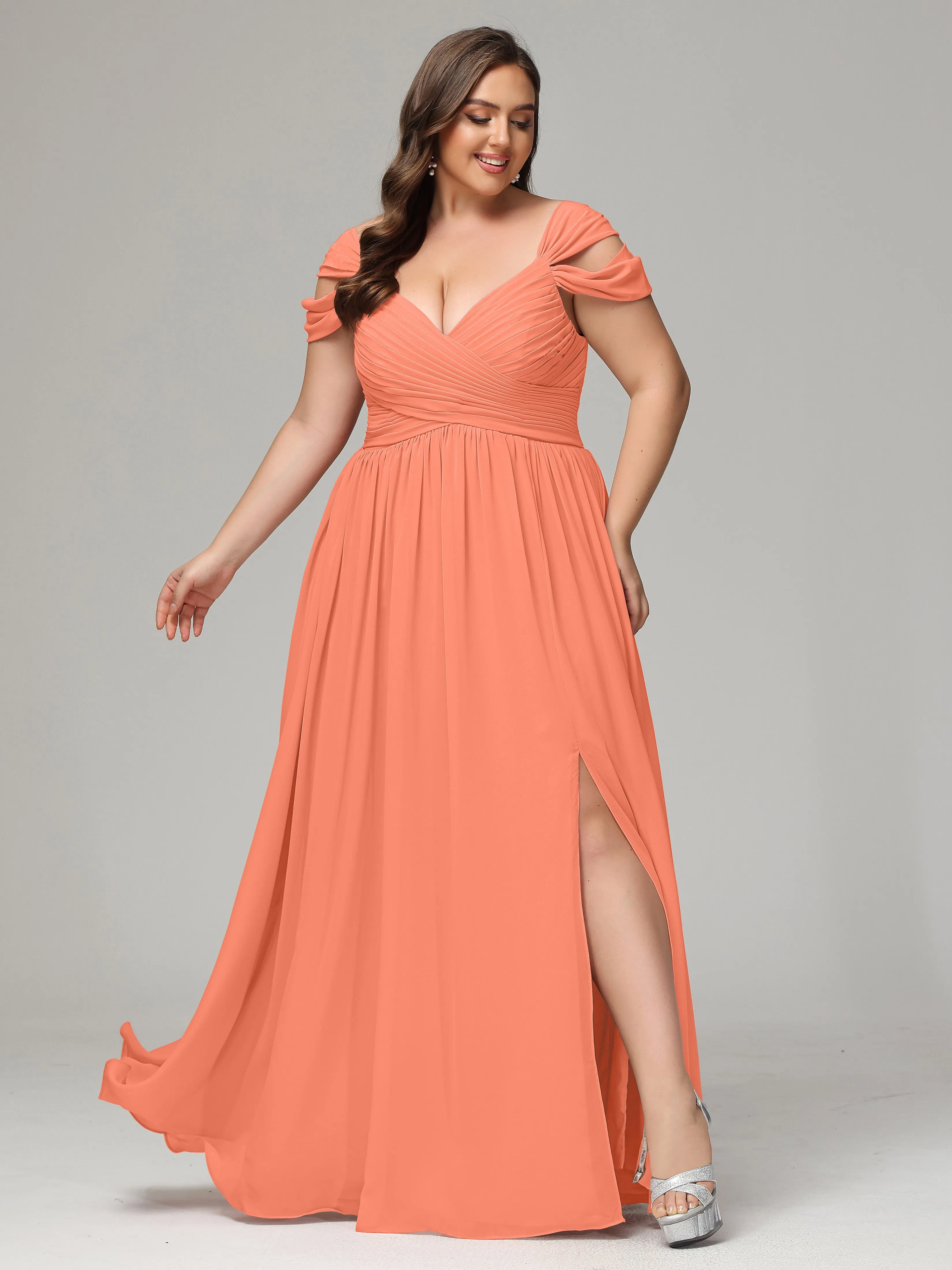 Cap Sleeves Chiffon Plus Size Bridesmaid Dresses With Split
