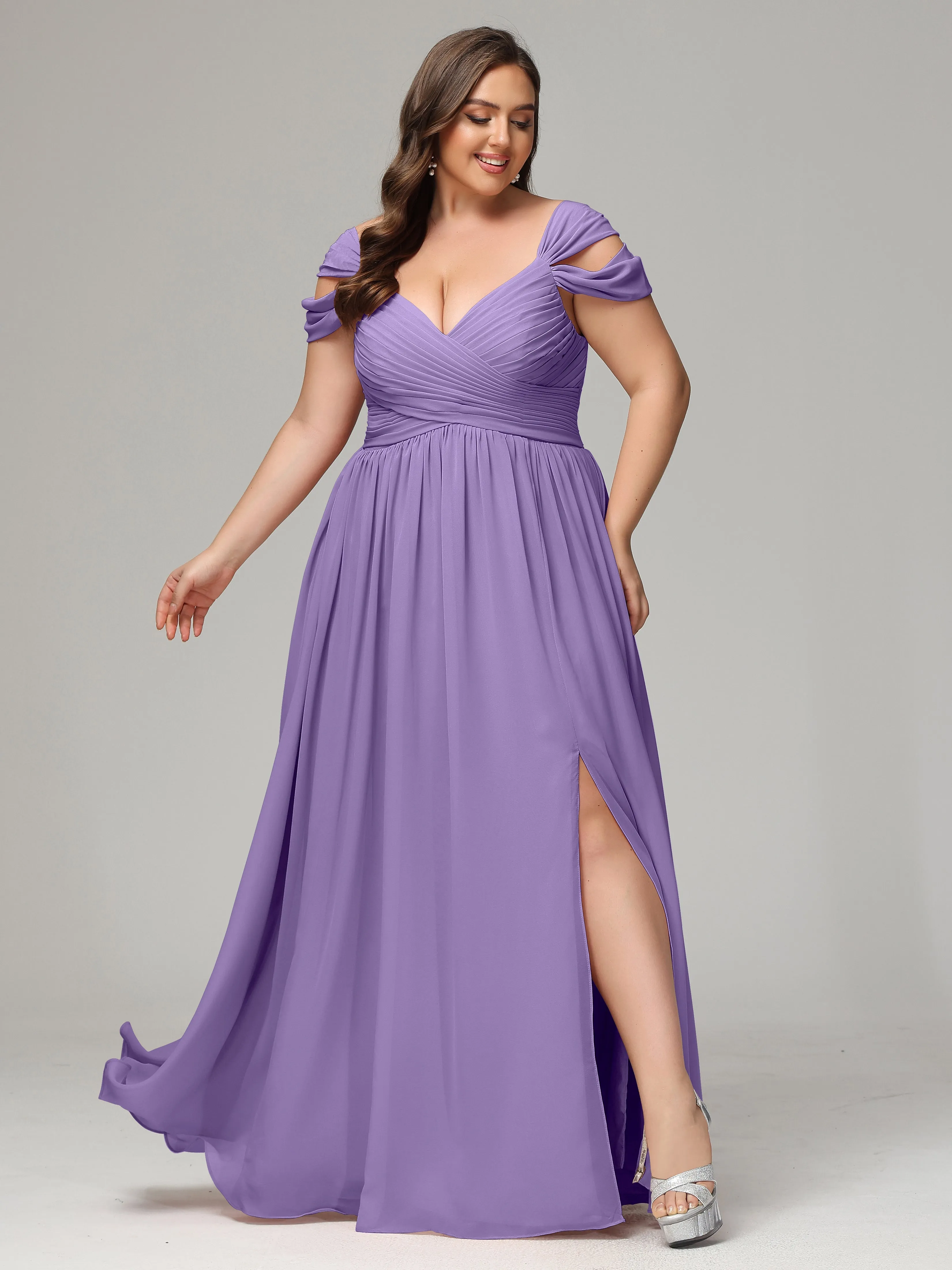 Cap Sleeves Chiffon Plus Size Bridesmaid Dresses With Split