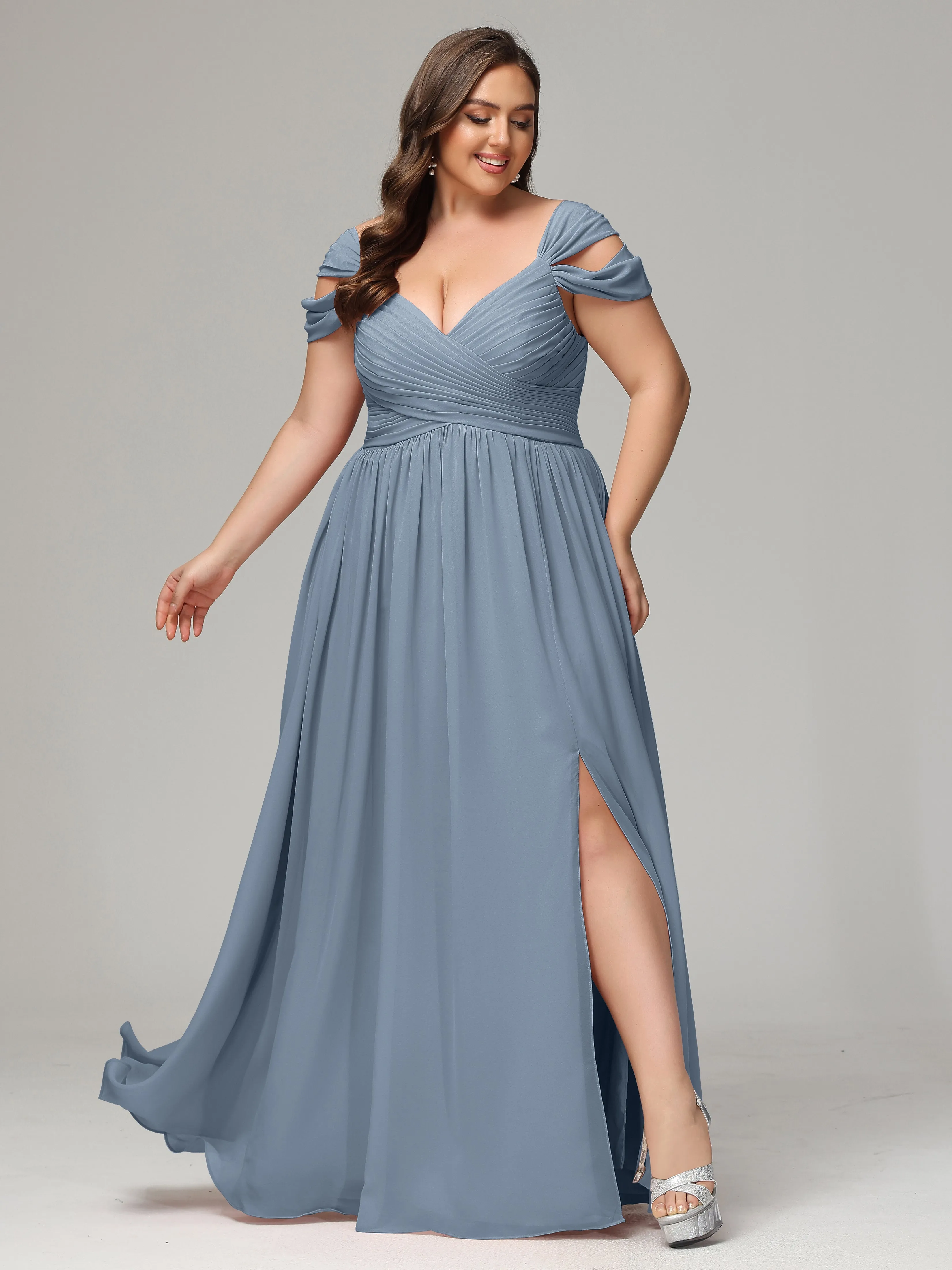 Cap Sleeves Chiffon Plus Size Bridesmaid Dresses With Split