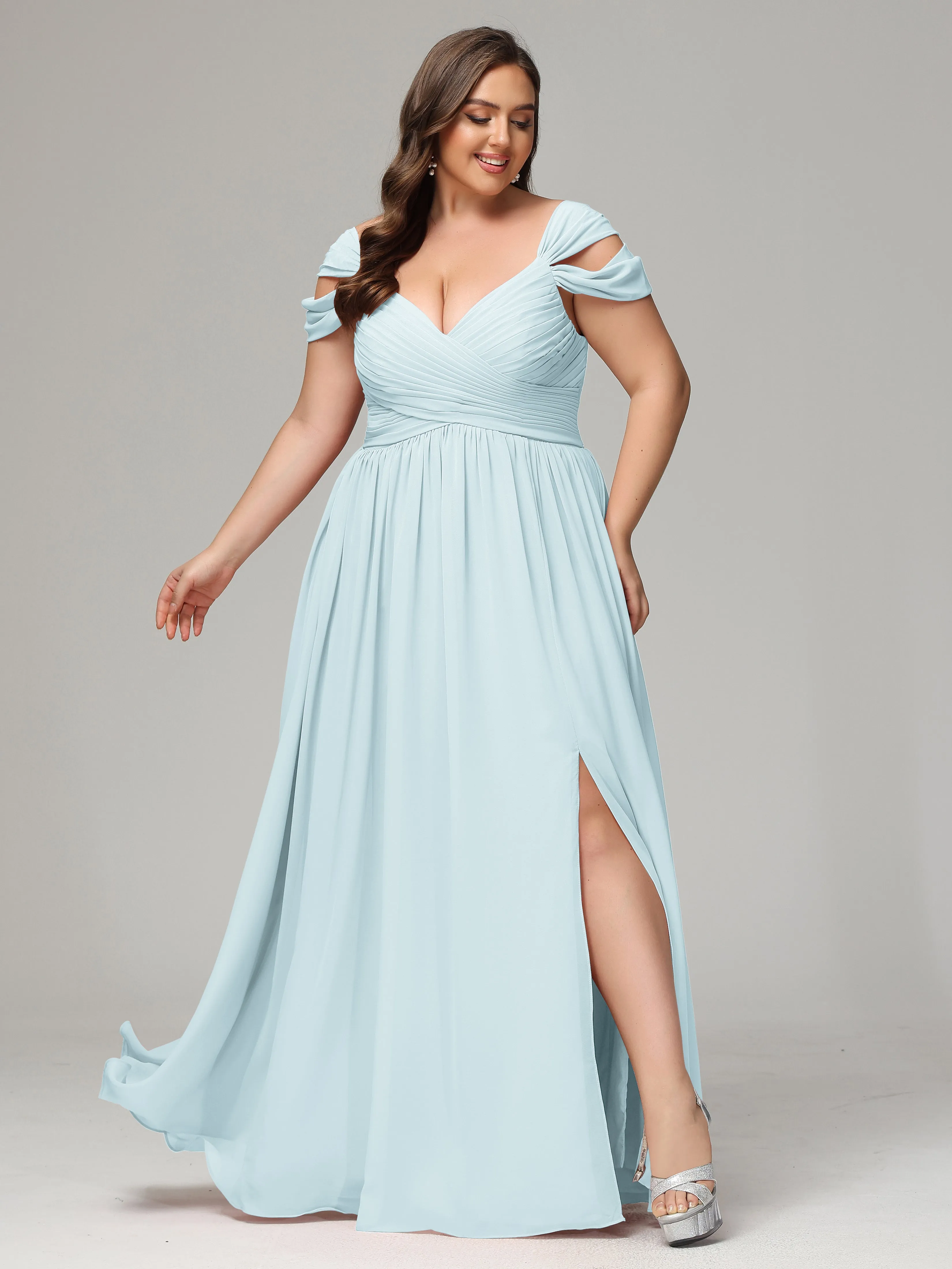 Cap Sleeves Chiffon Plus Size Bridesmaid Dresses With Split
