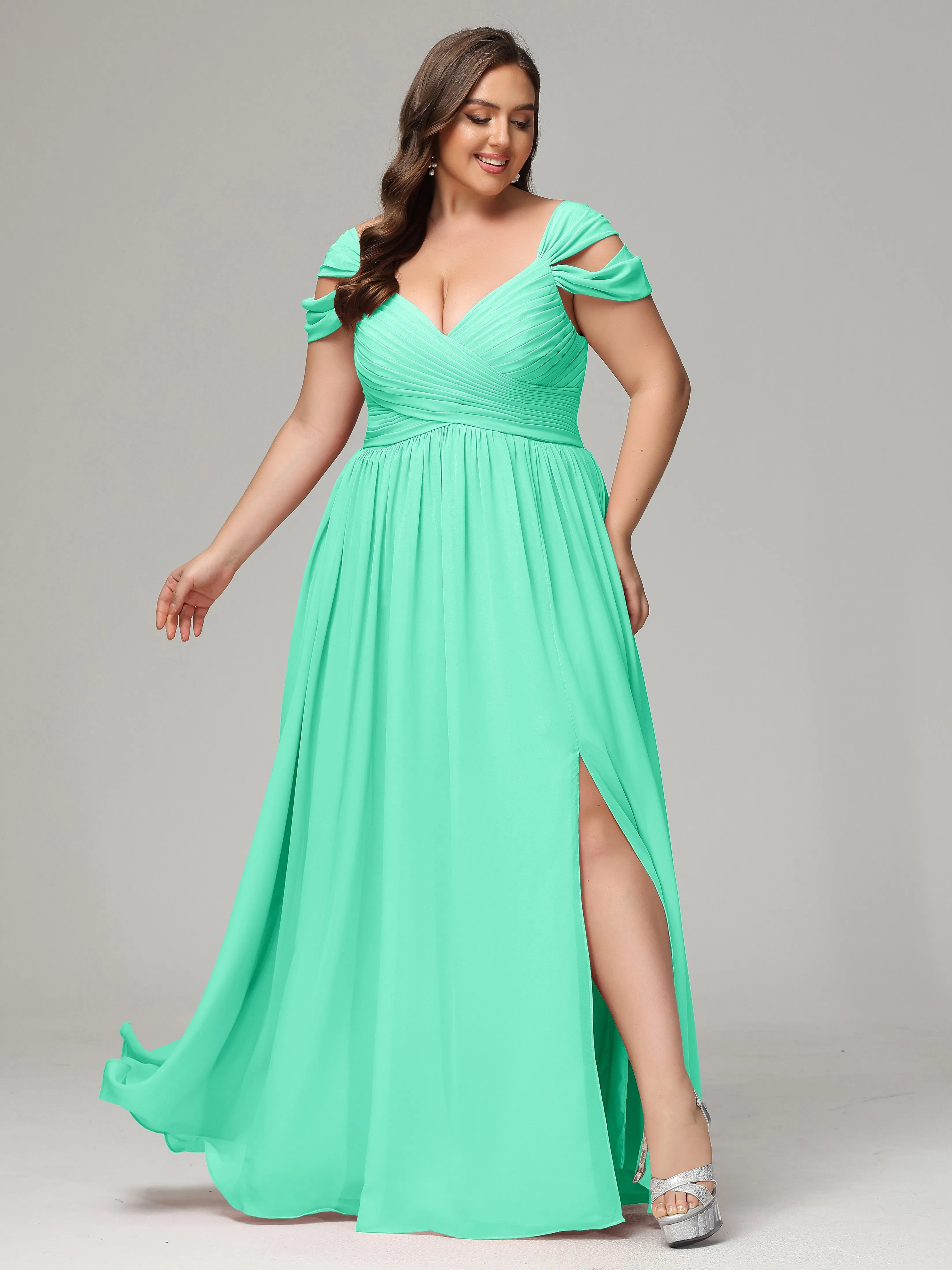 Cap Sleeves Chiffon Plus Size Bridesmaid Dresses With Split
