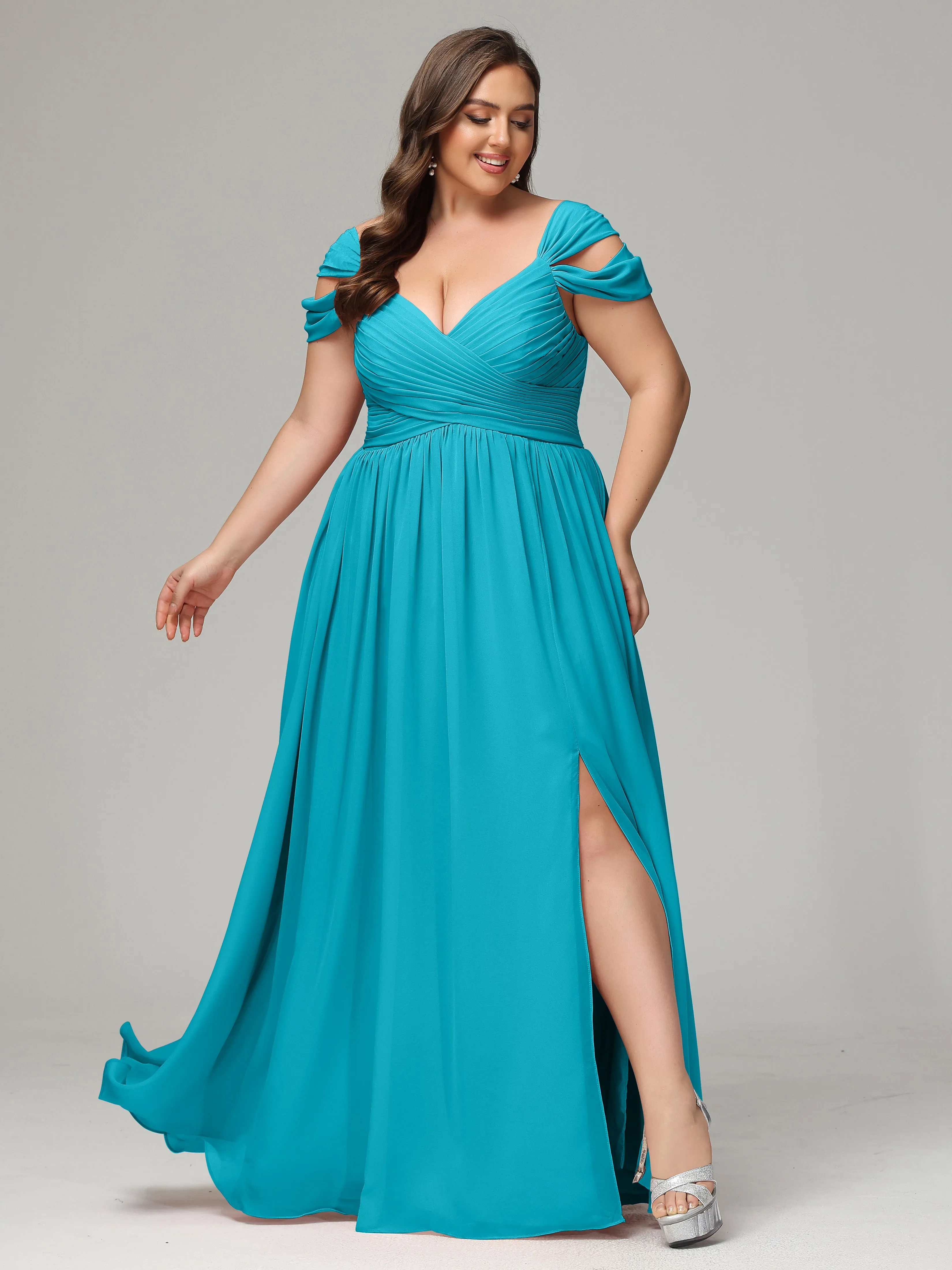 Cap Sleeves Chiffon Plus Size Bridesmaid Dresses With Split