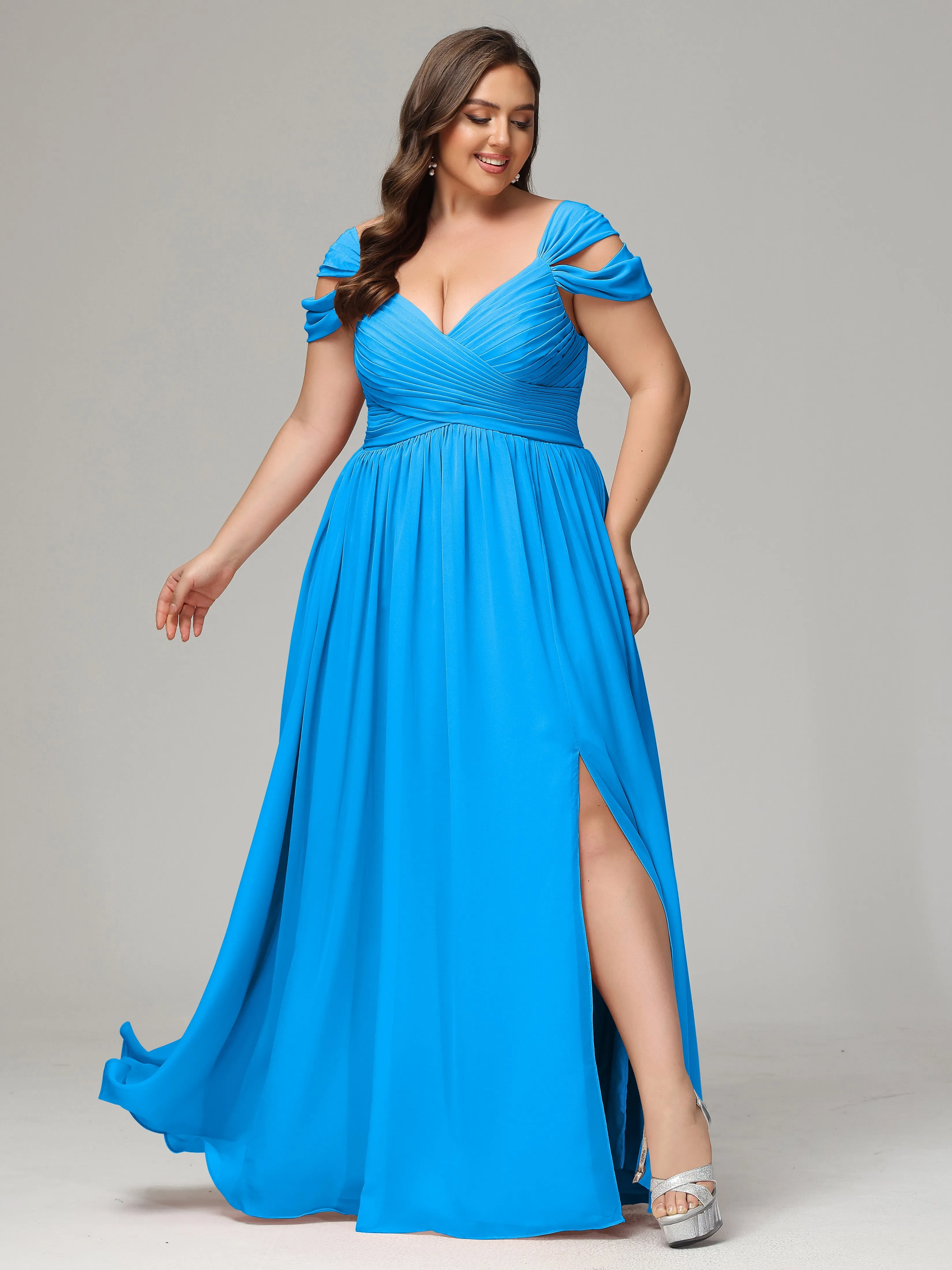 Cap Sleeves Chiffon Plus Size Bridesmaid Dresses With Split