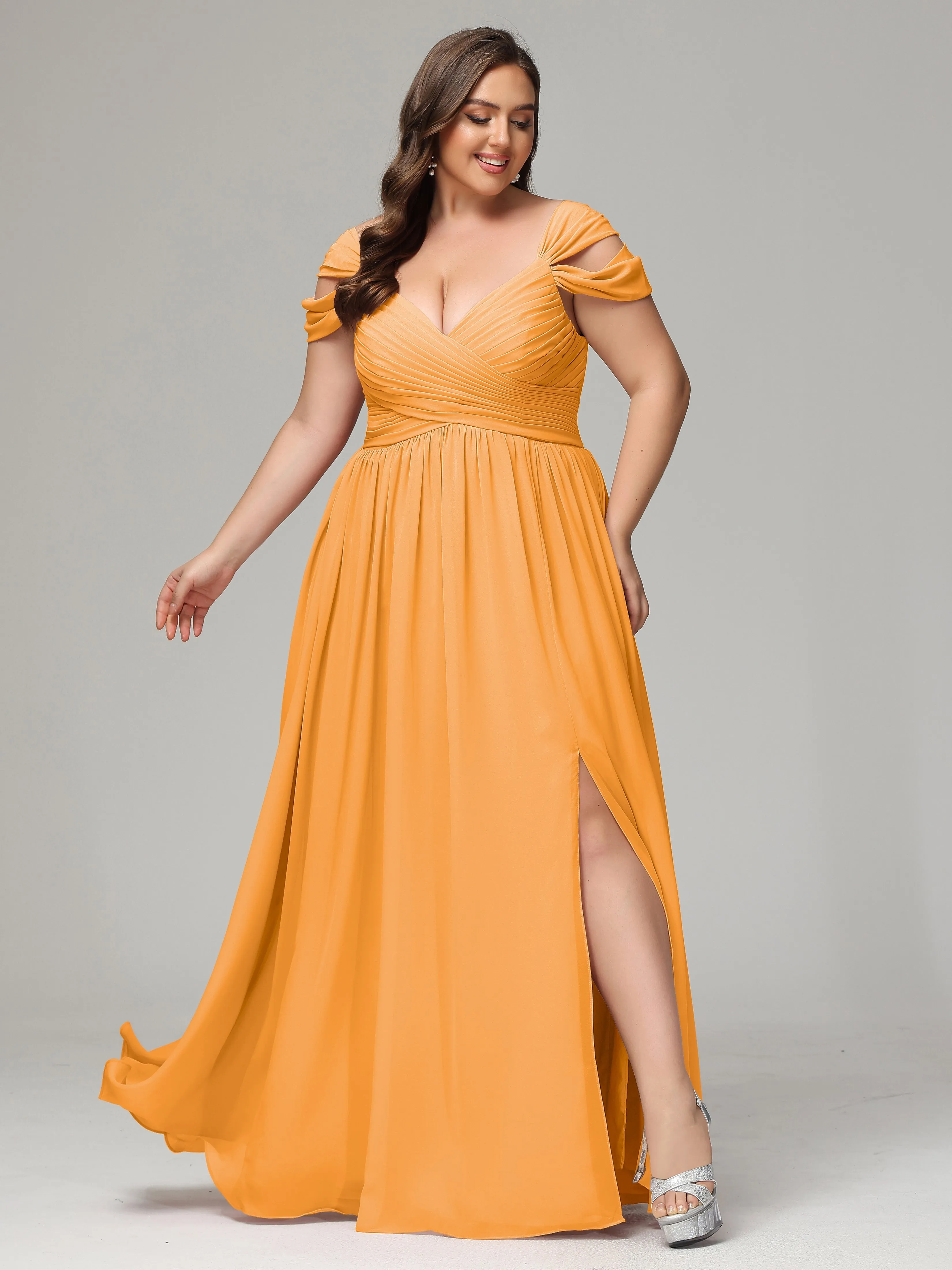 Cap Sleeves Chiffon Plus Size Bridesmaid Dresses With Split