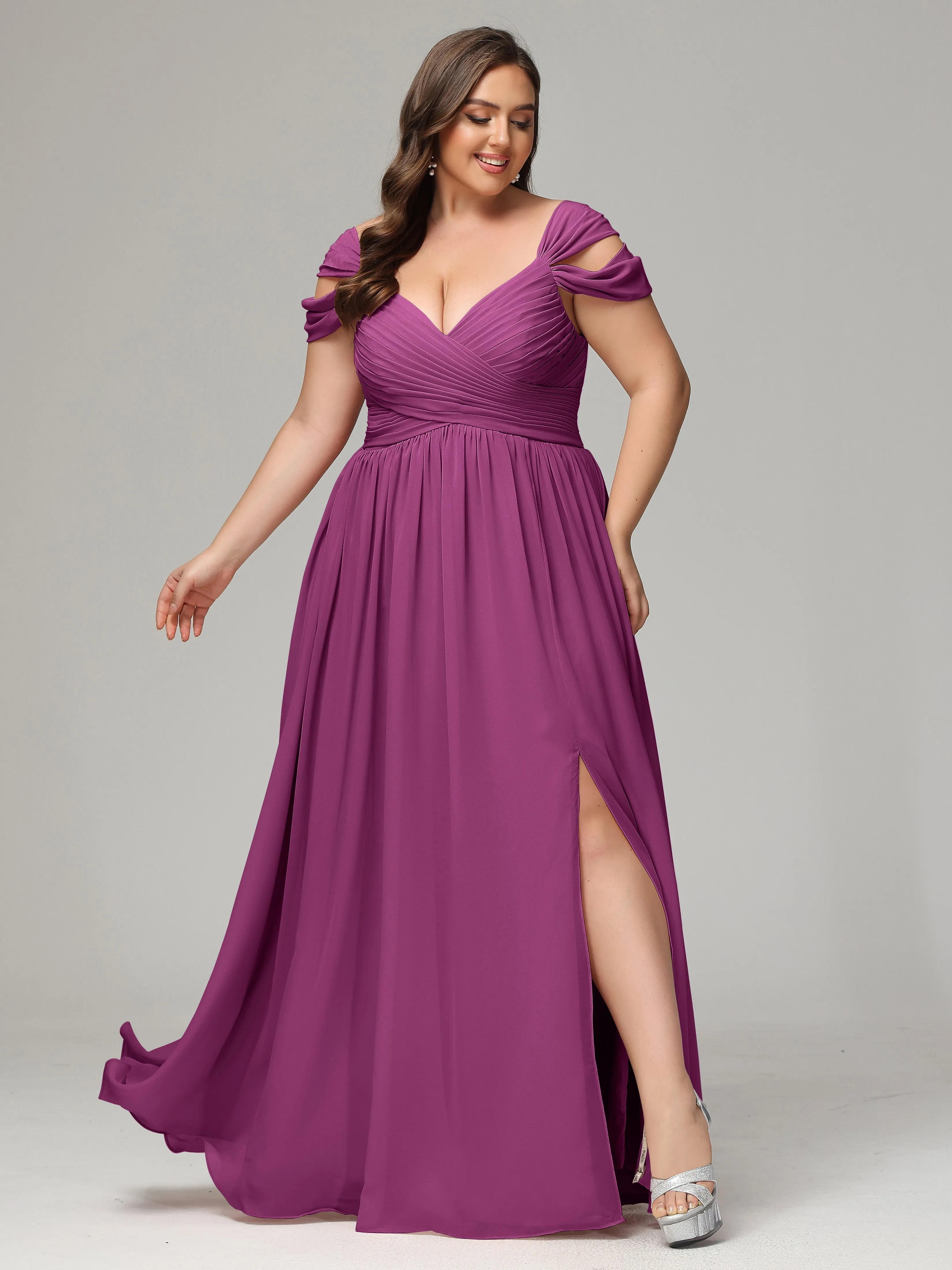 Cap Sleeves Chiffon Plus Size Bridesmaid Dresses With Split