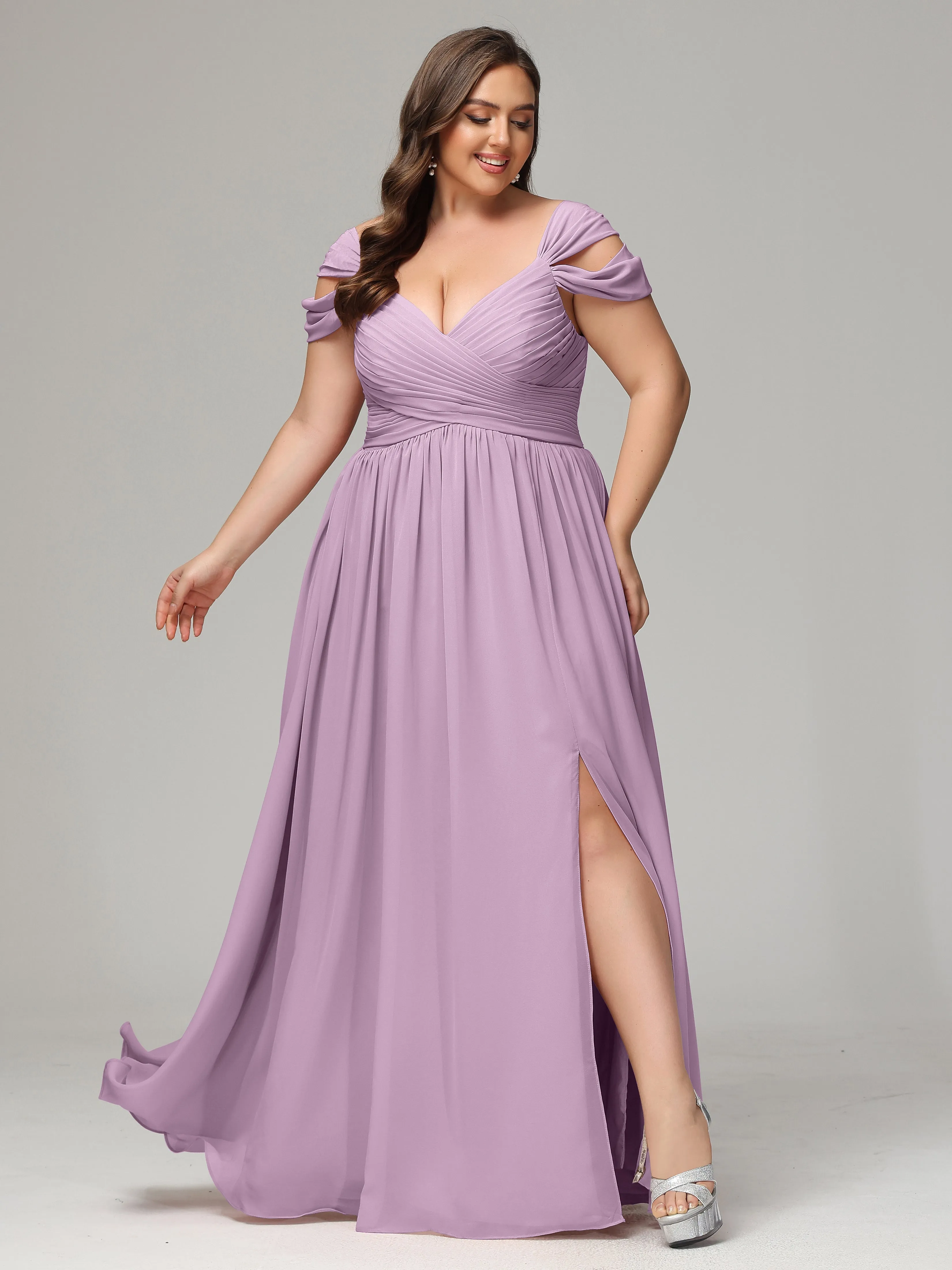Cap Sleeves Chiffon Plus Size Bridesmaid Dresses With Split