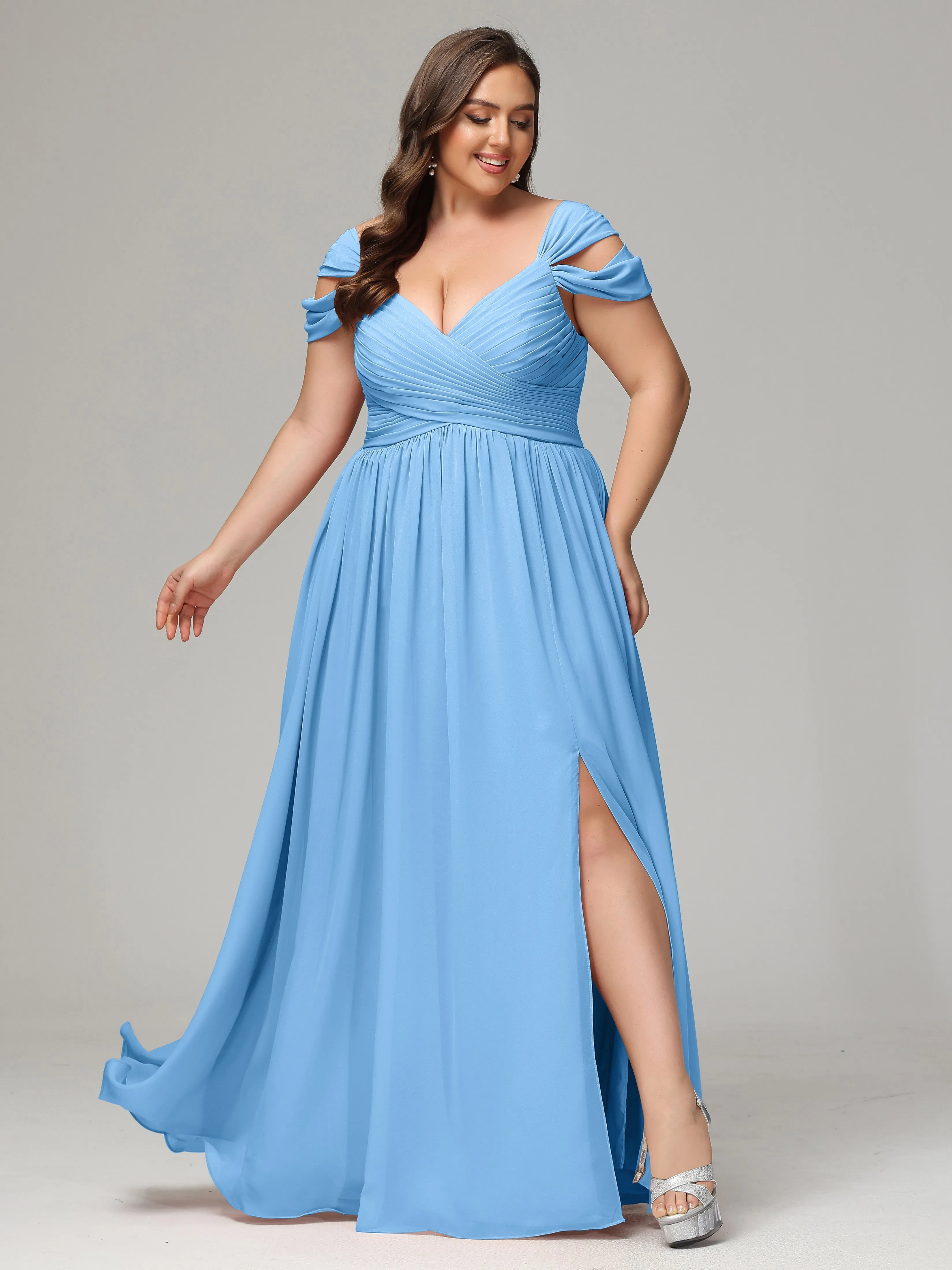 Cap Sleeves Chiffon Plus Size Bridesmaid Dresses With Split