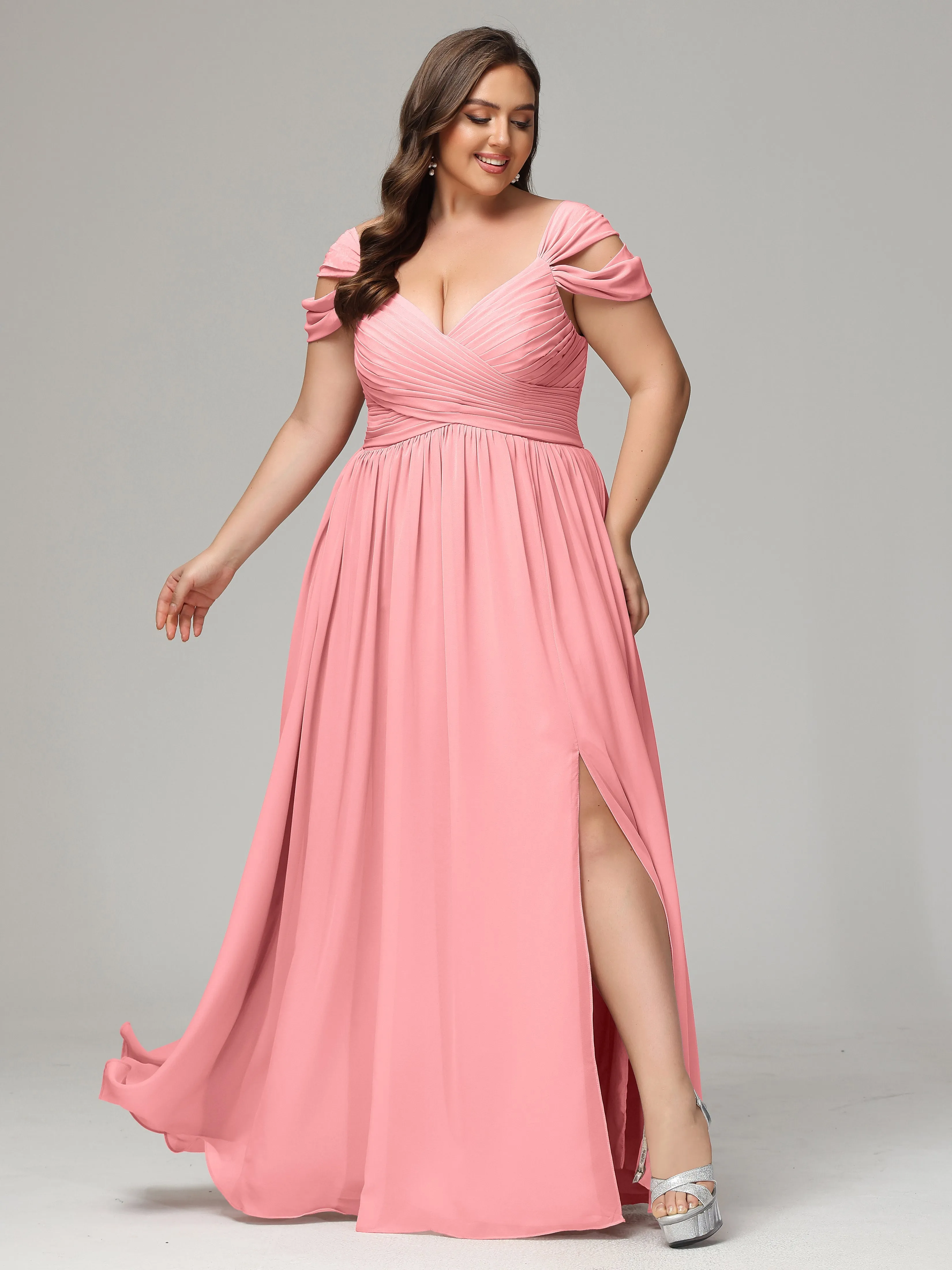 Cap Sleeves Chiffon Plus Size Bridesmaid Dresses With Split