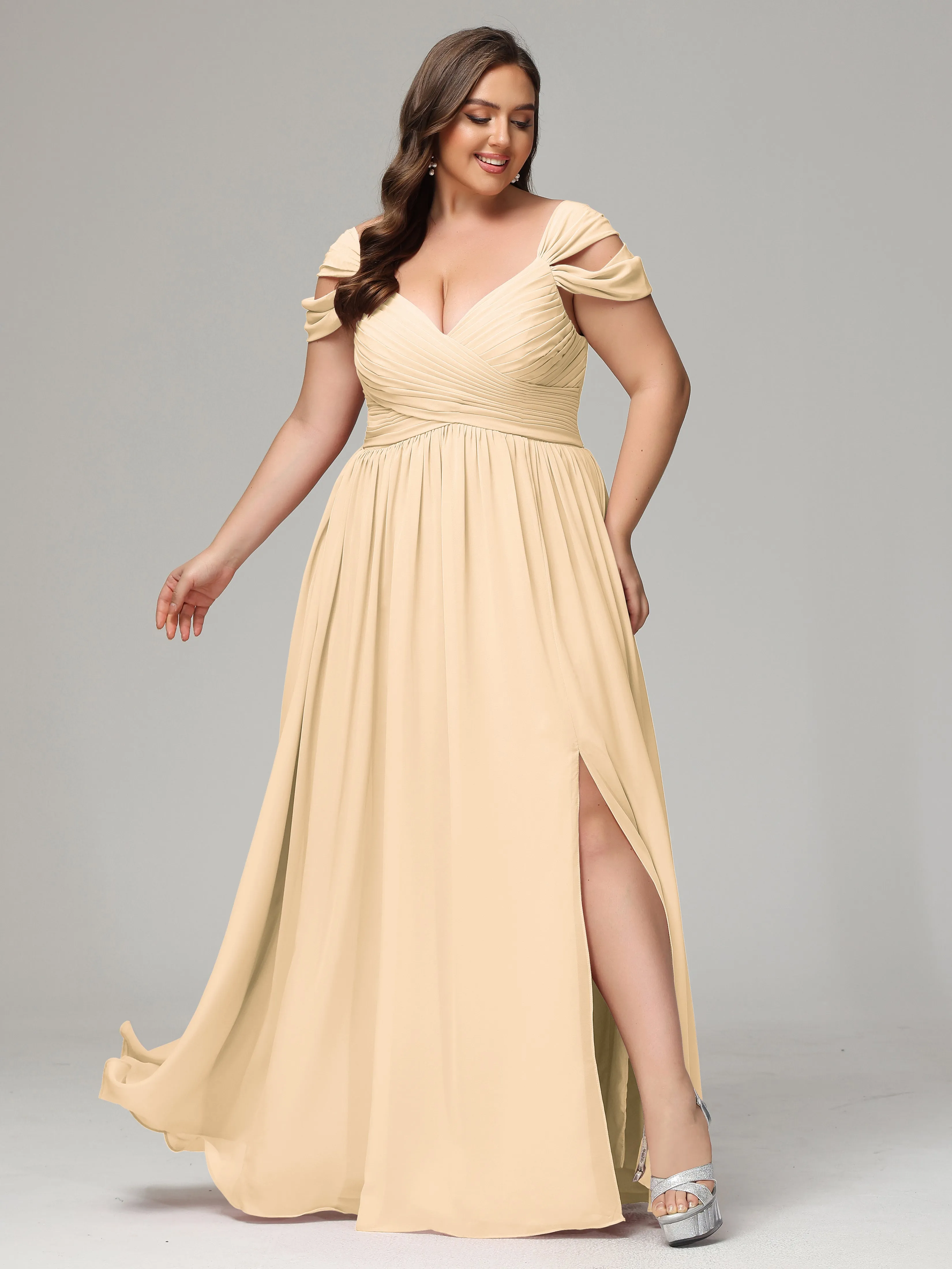 Cap Sleeves Chiffon Plus Size Bridesmaid Dresses With Split
