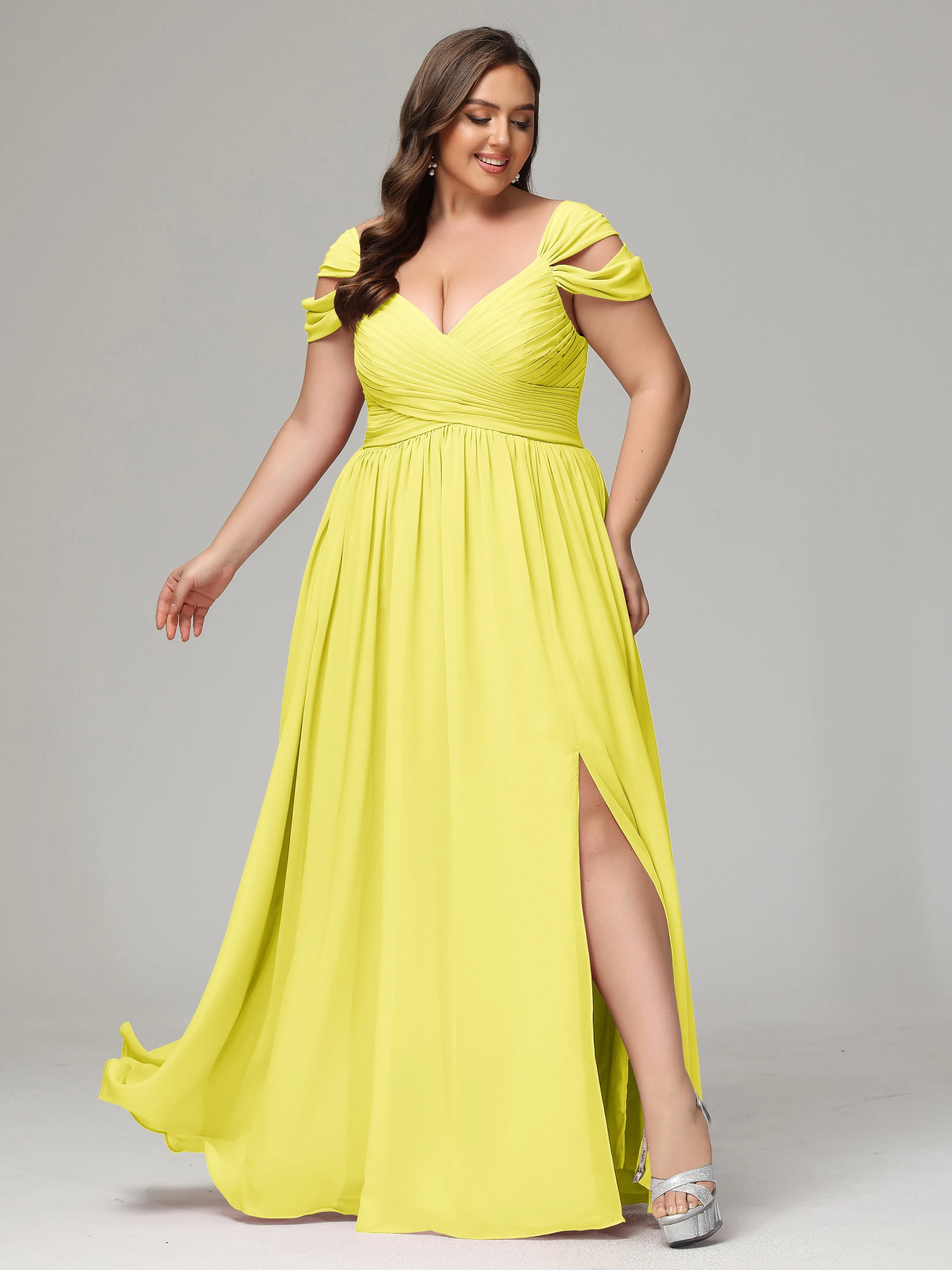 Cap Sleeves Chiffon Plus Size Bridesmaid Dresses With Split