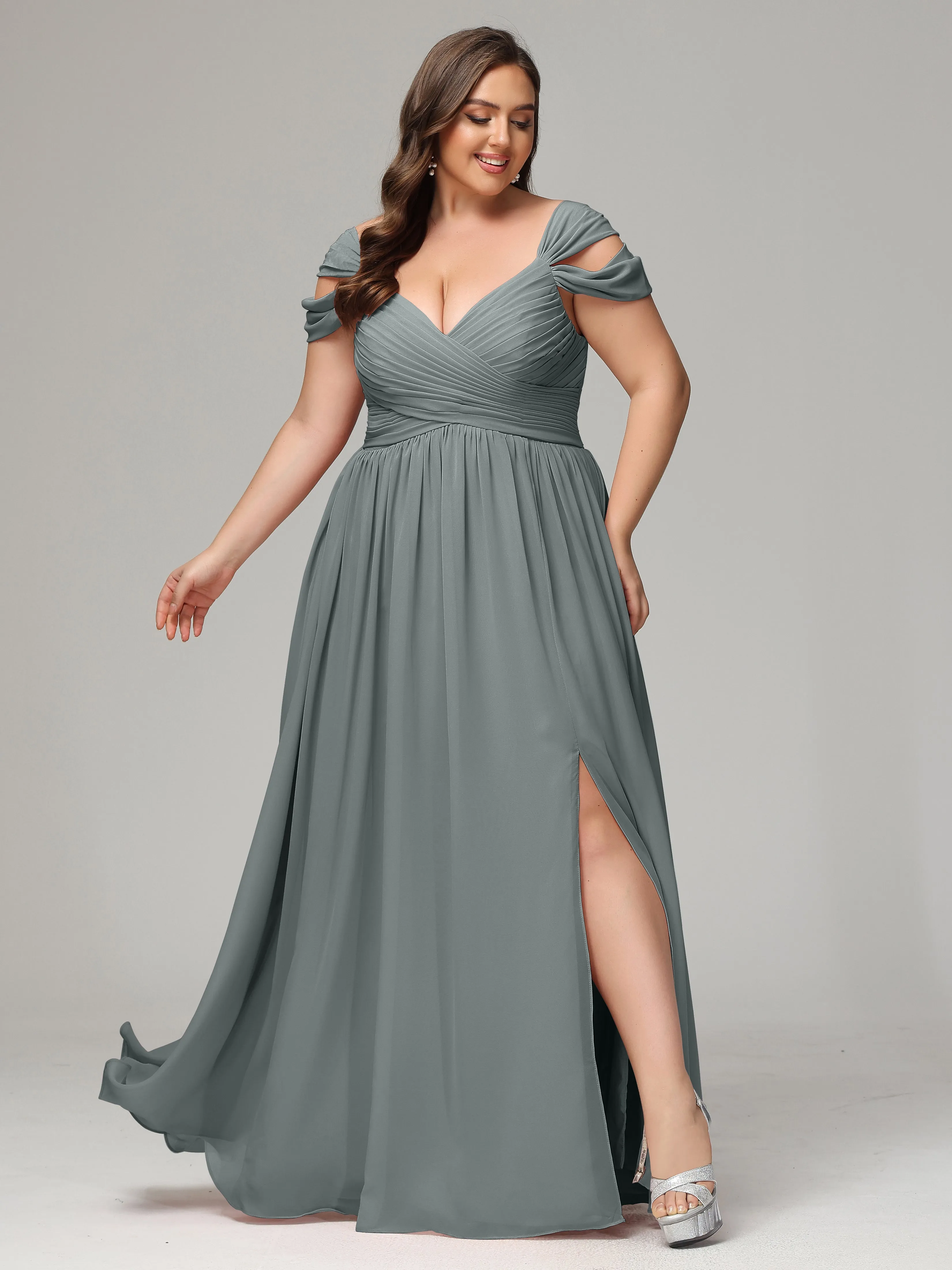 Cap Sleeves Chiffon Plus Size Bridesmaid Dresses With Split