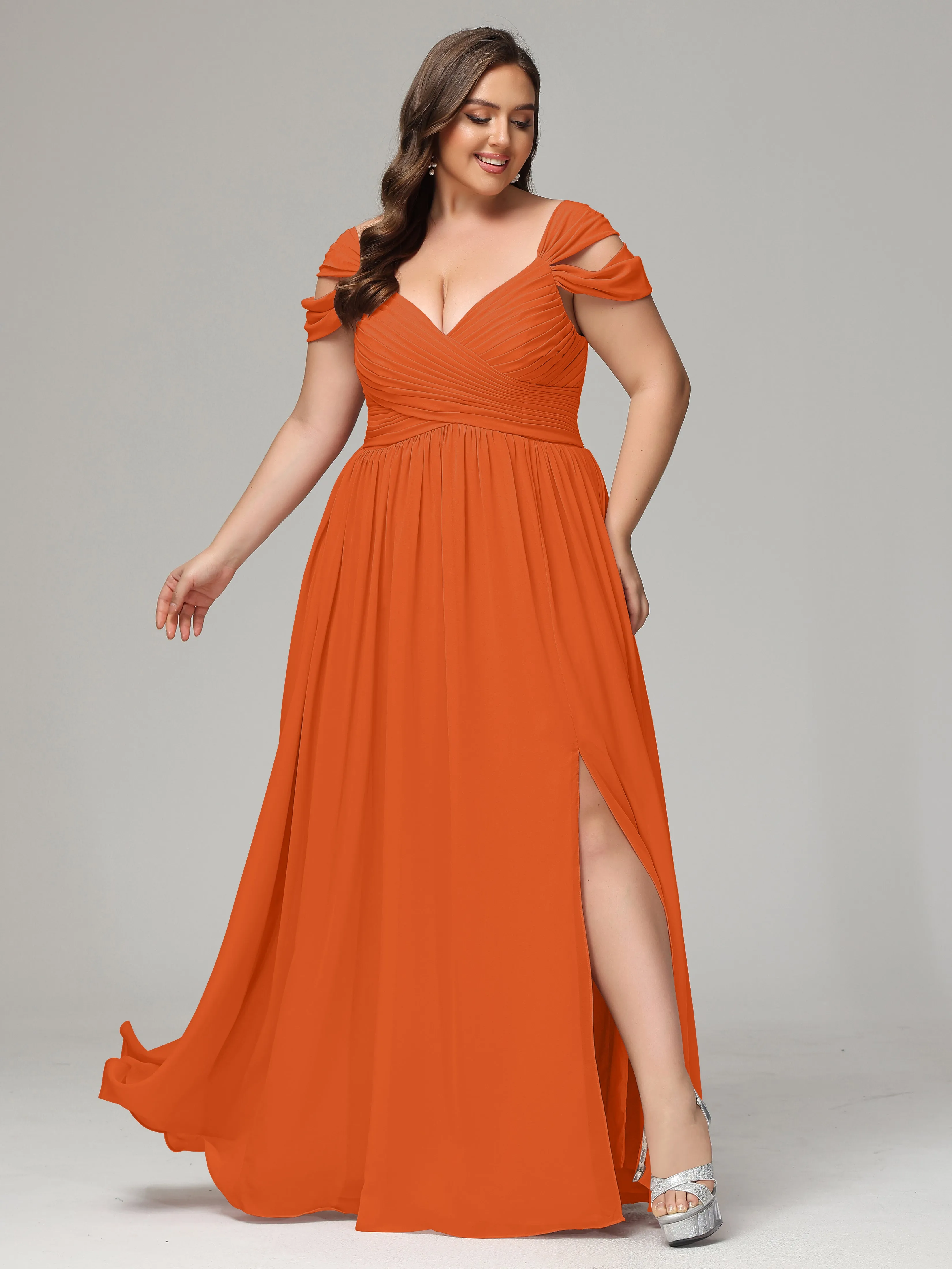 Cap Sleeves Chiffon Plus Size Bridesmaid Dresses With Split