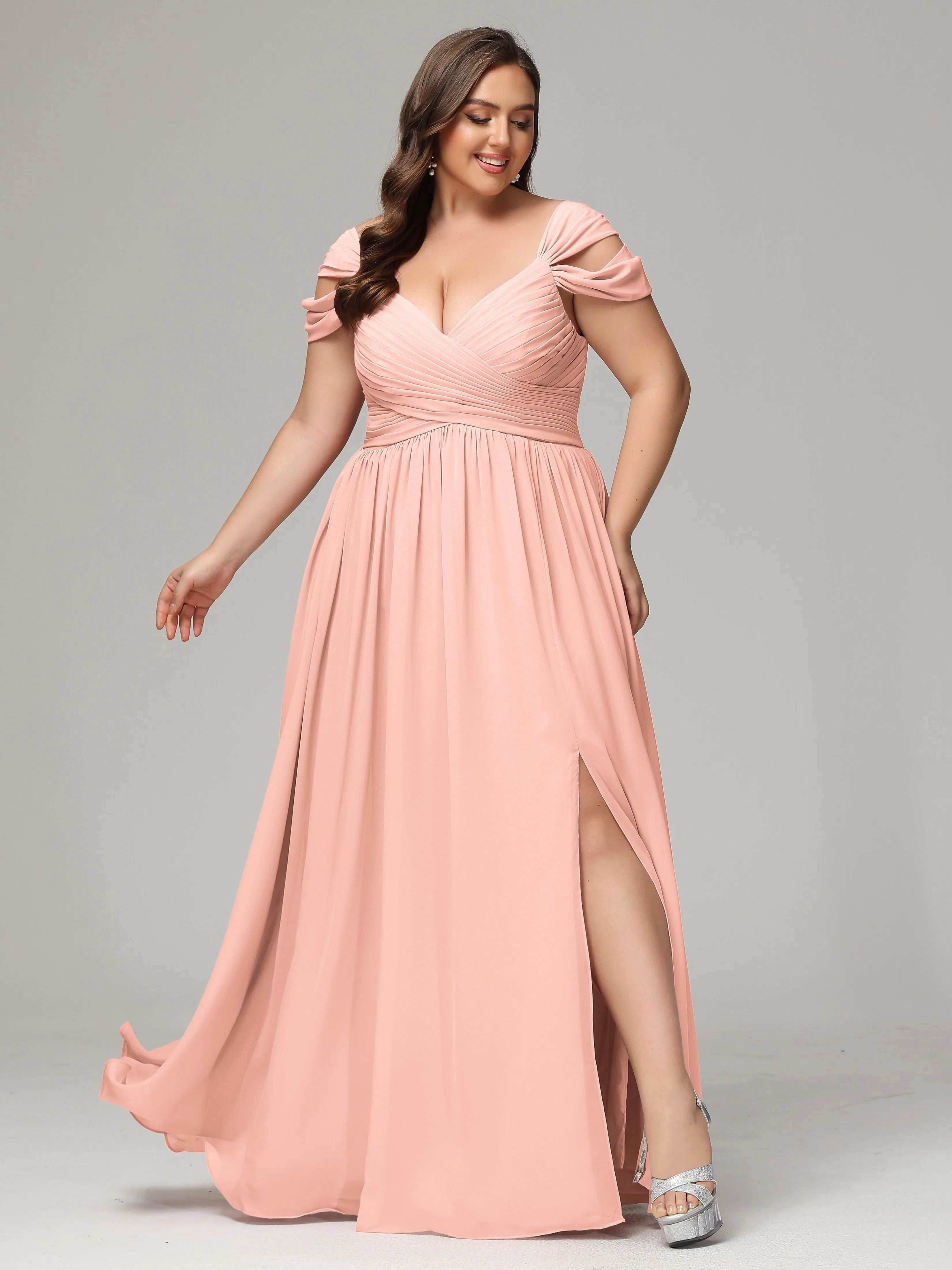 Cap Sleeves Chiffon Plus Size Bridesmaid Dresses With Split