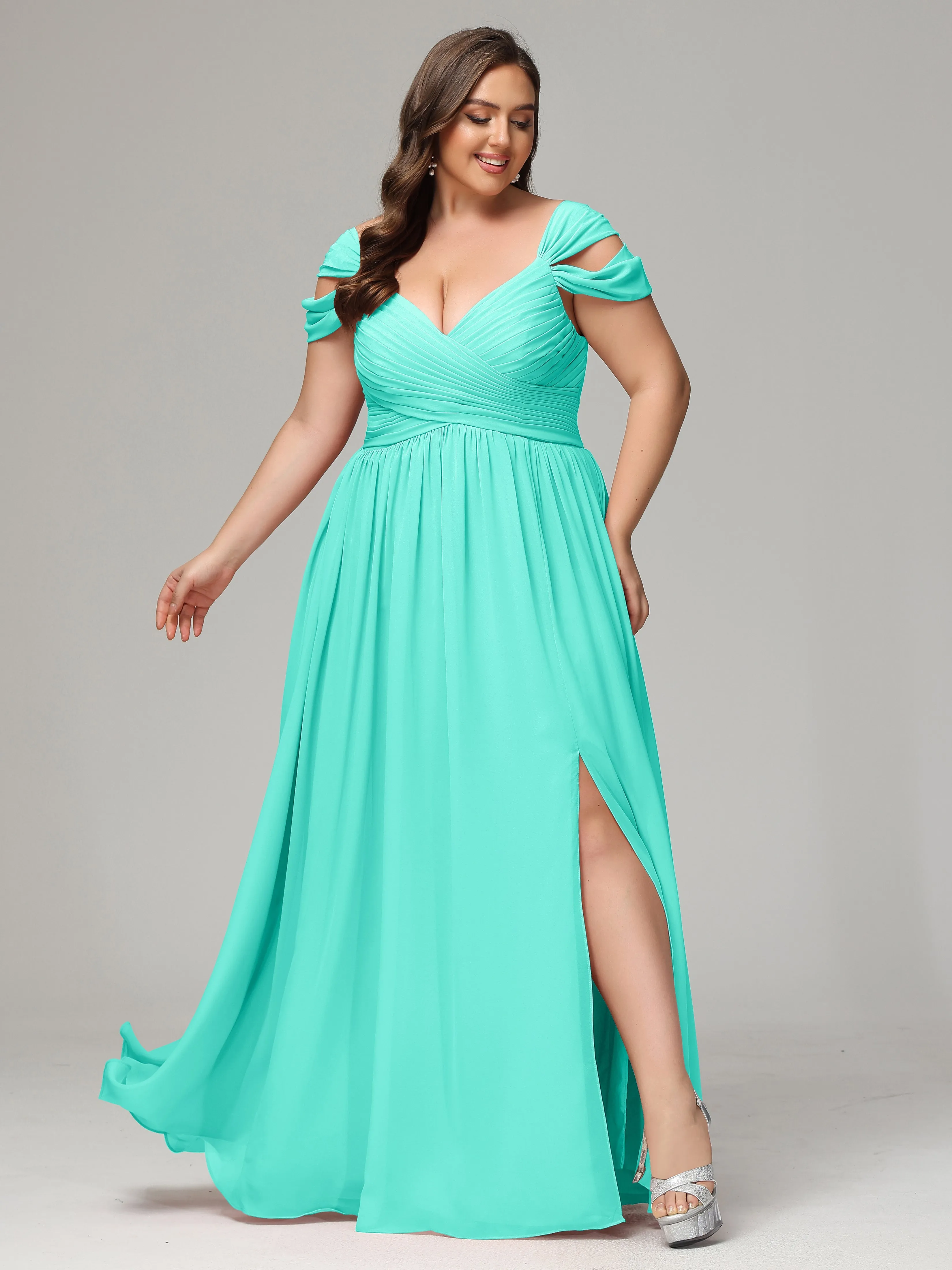 Cap Sleeves Chiffon Plus Size Bridesmaid Dresses With Split