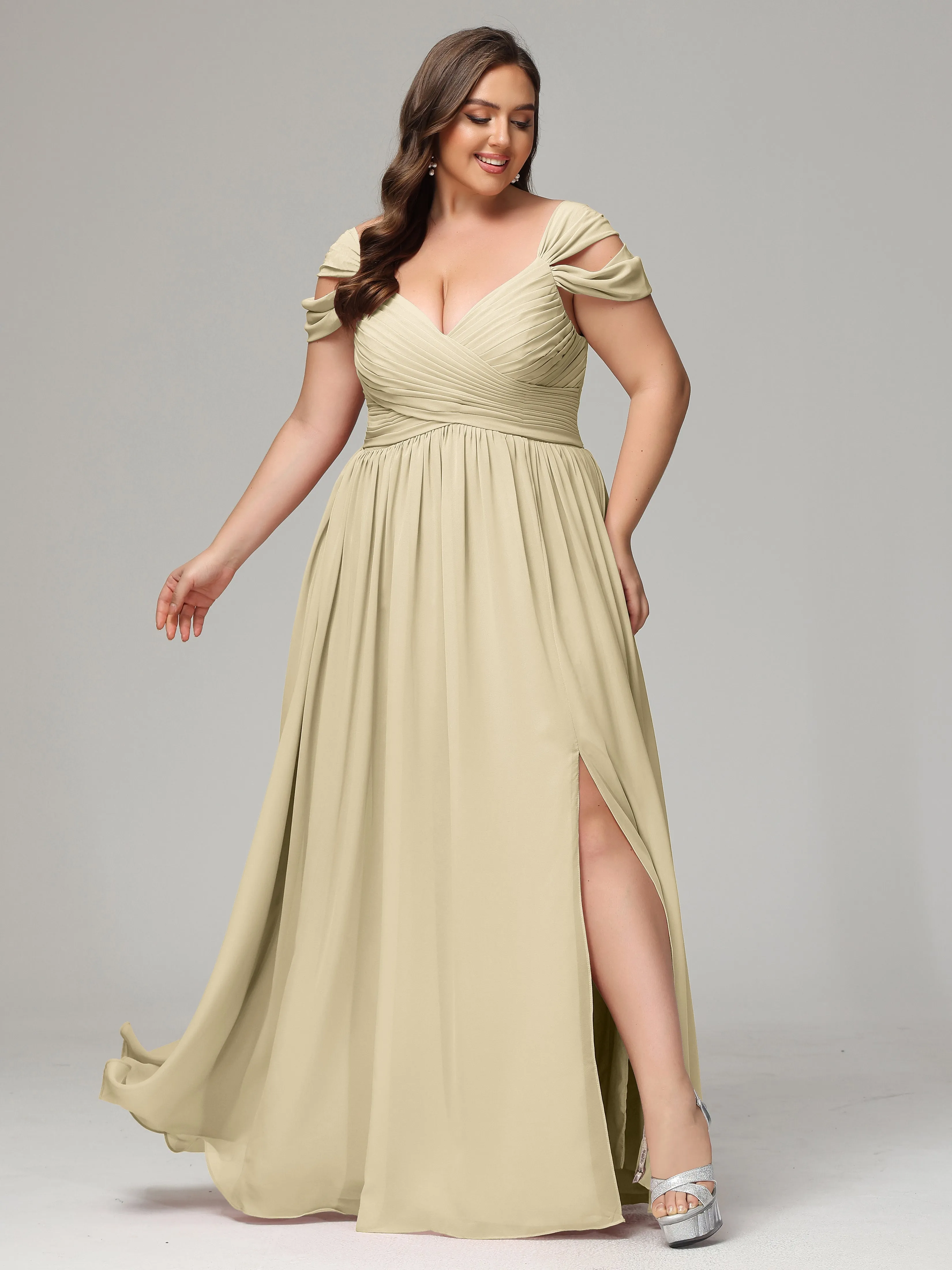 Cap Sleeves Chiffon Plus Size Bridesmaid Dresses With Split