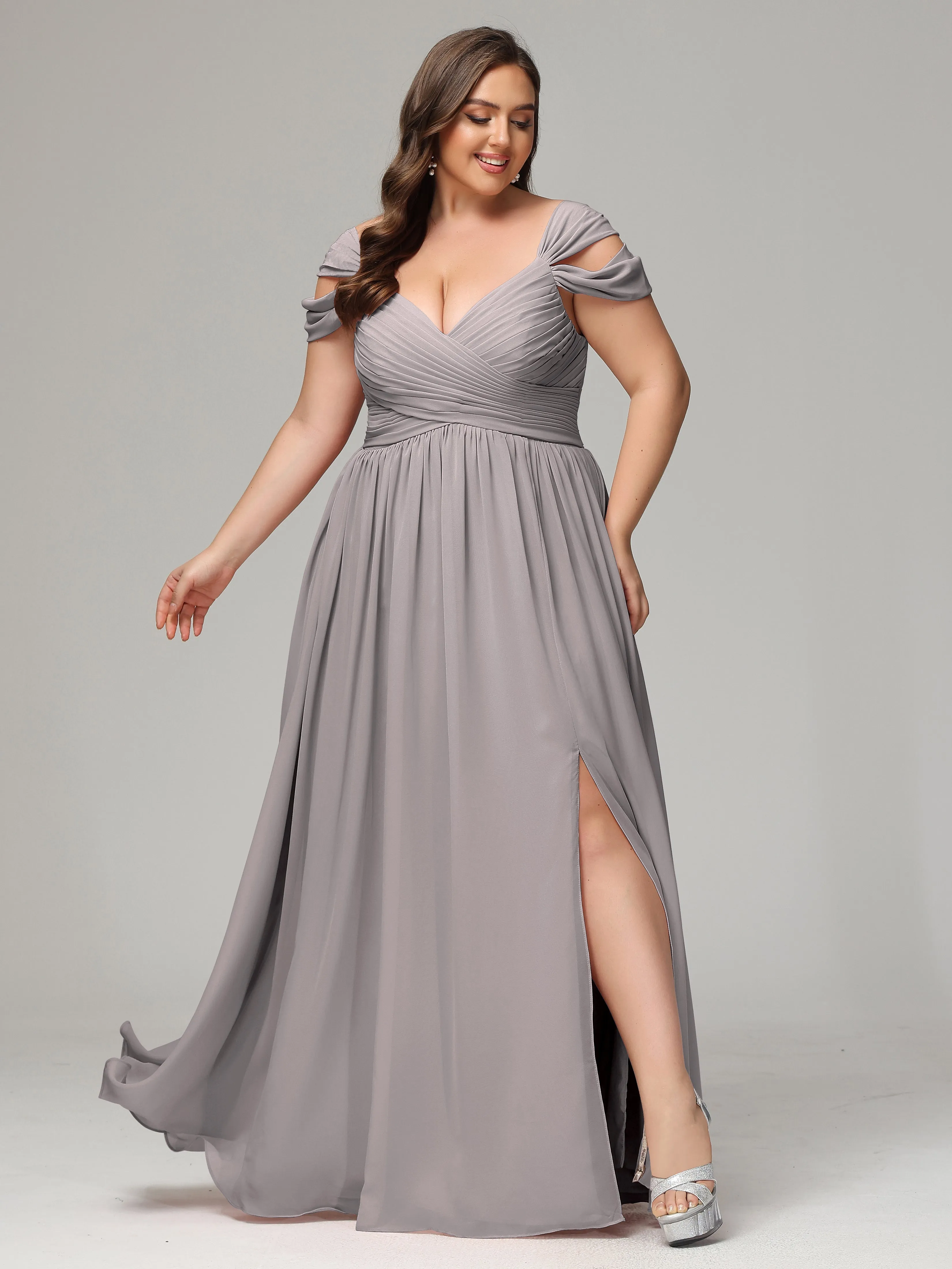 Cap Sleeves Chiffon Plus Size Bridesmaid Dresses With Split