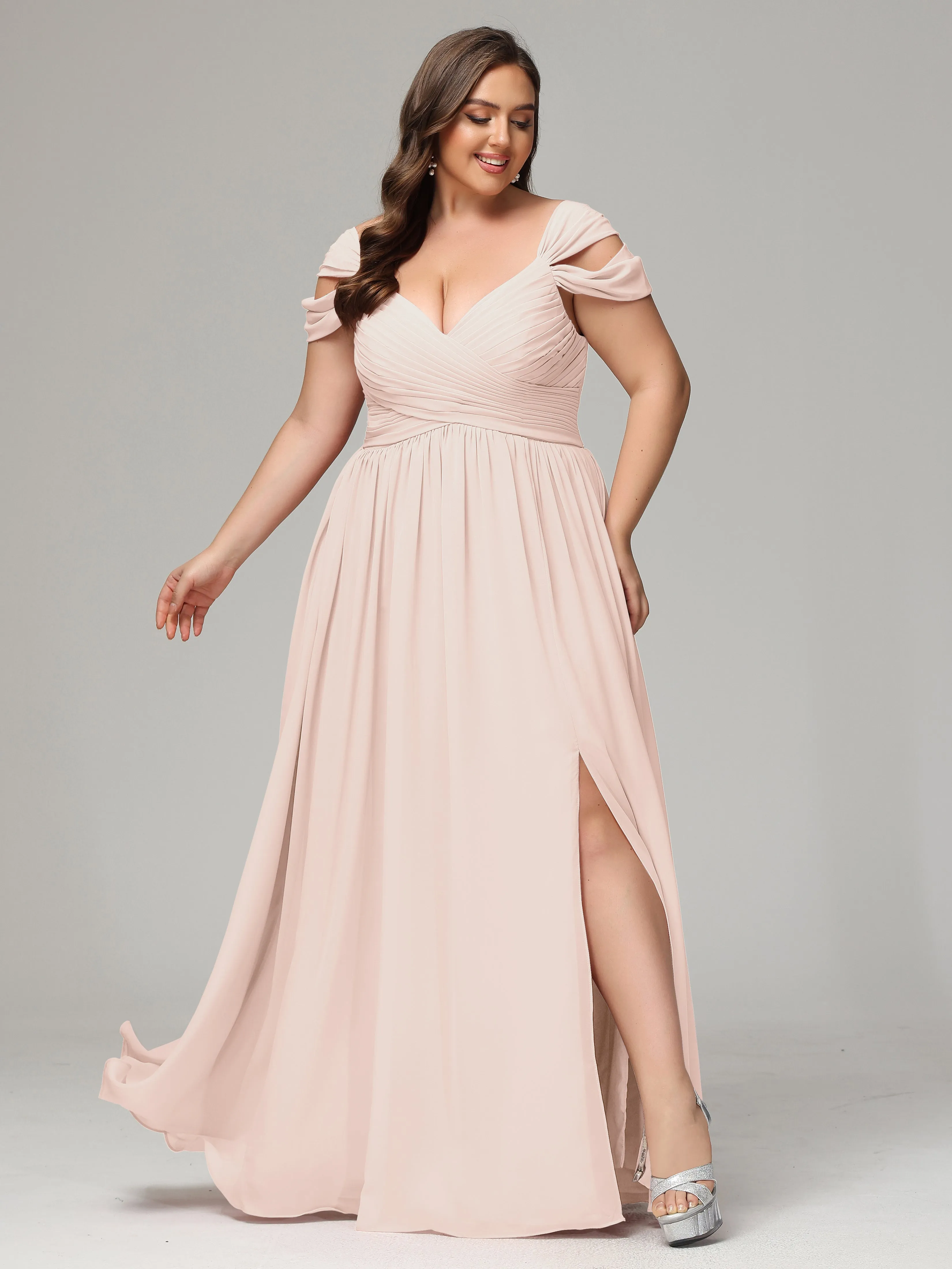 Cap Sleeves Chiffon Plus Size Bridesmaid Dresses With Split